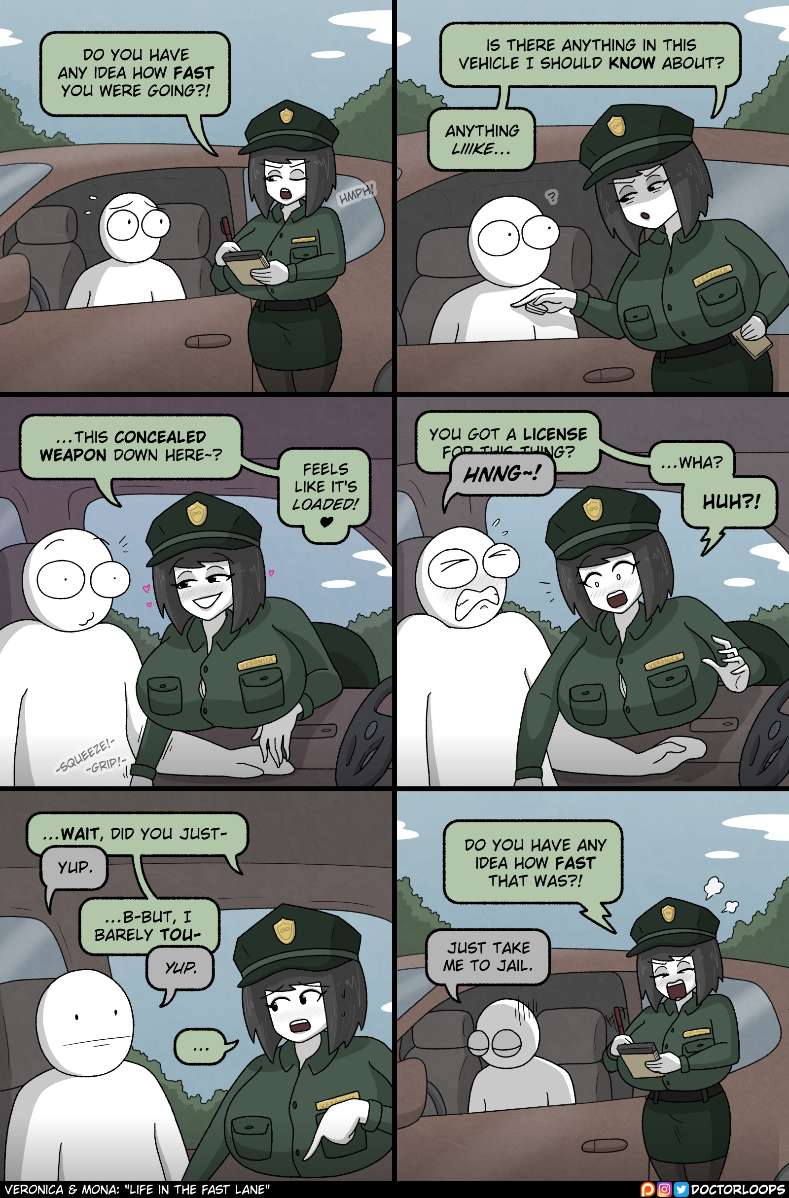 1boy, 1girls, big breasts, bob cut, breasts, car, comic, cop, doctorloops, female, handjob, male, original, police, policewoman, premature ejaculation, tagme, ticket, traffic cop, veronica (doctorloops), veronica and mona