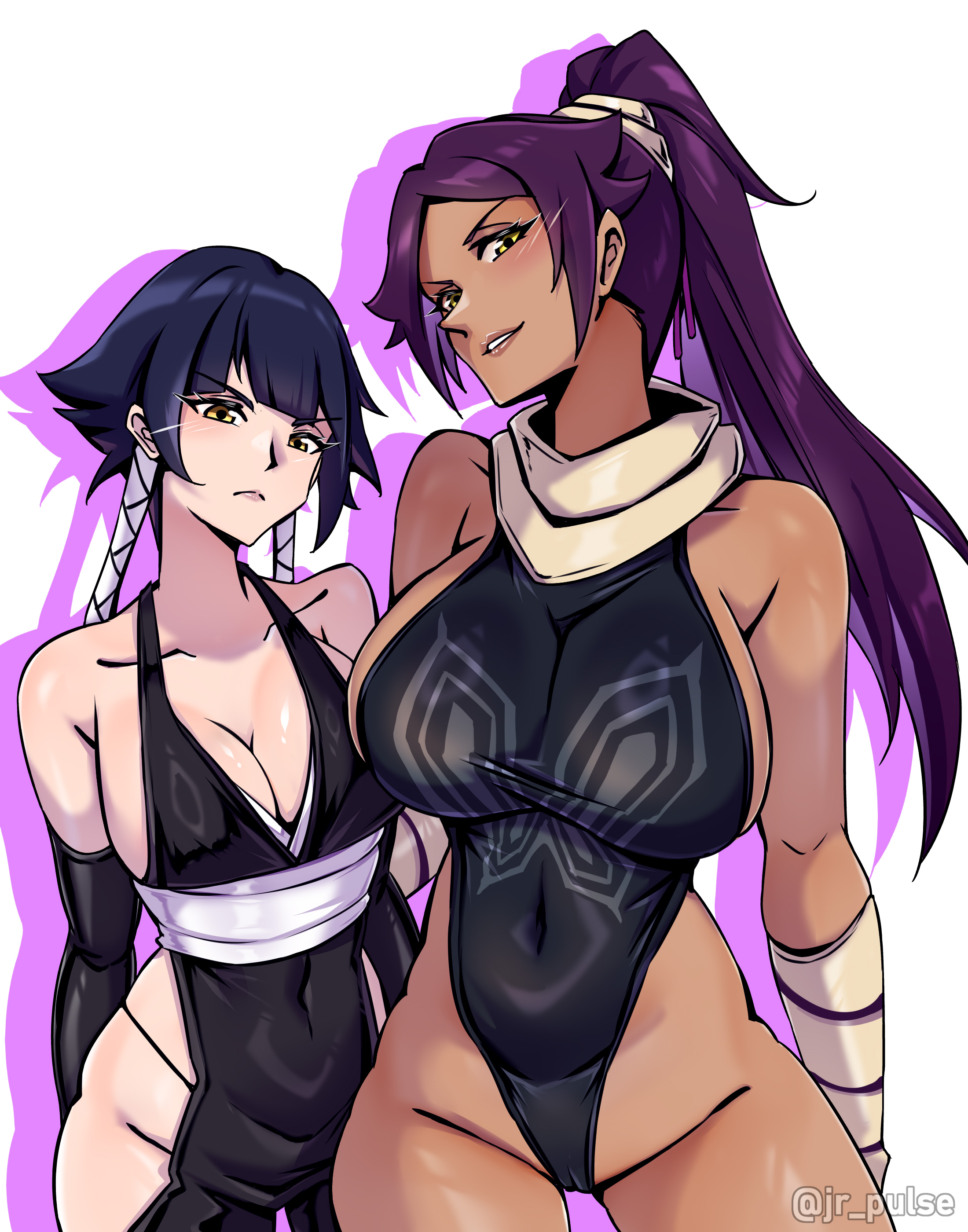 2girls, black hair, bleach, dark-skinned female, jrpuls3, pale-skinned female, purple hair, shihouin yoruichi, soifon, sui-feng