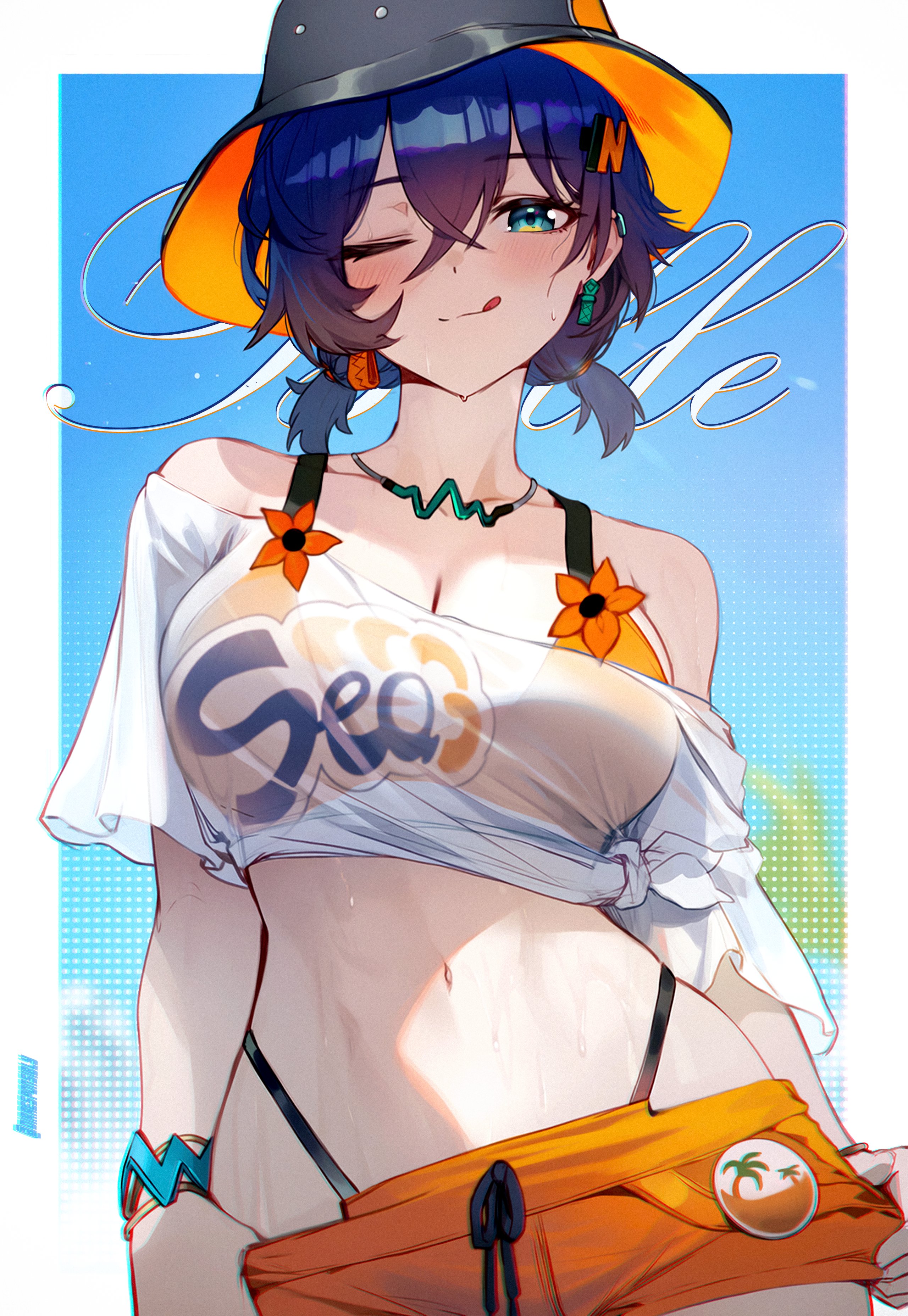 1girls, absurdres, ai generated, bangs, belle (summer skies) (zenless zone zero), belle (zenless zone zero), bikini, bikini under clothes, black headwear, blue hair, blush, breasts, character name, cleavage, crossed bangs, dirresponsibly, earrings, english commentary, female, female only, green eyes, hair between eyes, hair ornament, hat, highleg, highleg bikini, highres, incredibly absurdres, jewelry, large breasts, looking at viewer, low twintails, model request, navel, necklace, off shoulder, official alternate costume, one eye closed, orange bikini, see-through, see-through shirt, shirt, short hair, short sleeves, short twintails, shorts, solo, stomach, swimsuit, tied shirt, tongue, tongue out, twintails, wet, white shirt, zenless zone zero