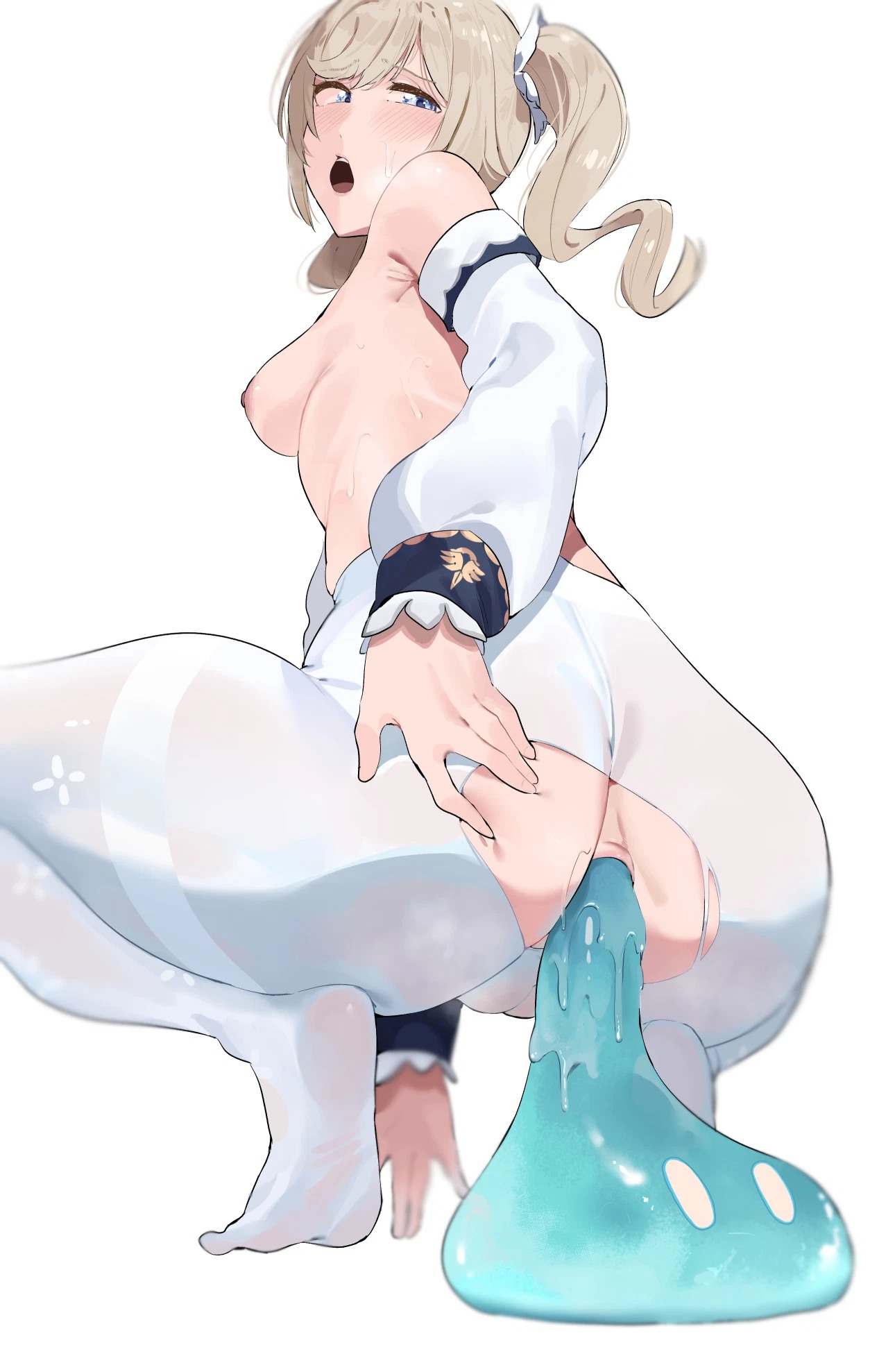 1girls, anal, anal fluid, anal object insertion, anus, ass, barbara (genshin impact), bare shoulders, blonde hair, blue eyes, blurry, blurry background, blush, body invasion, breasts, clothing, commentary, creature, detached sleeves, drill hair, english commentary, female, from behind, from below, genshin impact, half-closed eyes, highres, light brown hair, long hair, looking back, looking down, medium breasts, nipples, no panties, no shoes, nun, object insertion, okpriko, open mouth, pantyhose, penetration, sex, simple background, slime, slime (creature), slime (genshin impact), slime monster, slime sex, solo, spread anus, spread legs, squatting, sweat, topless, torn clothes, torn pantyhose, twin drills, twintails, white background, white legwear, white pantyhose, white sleeves