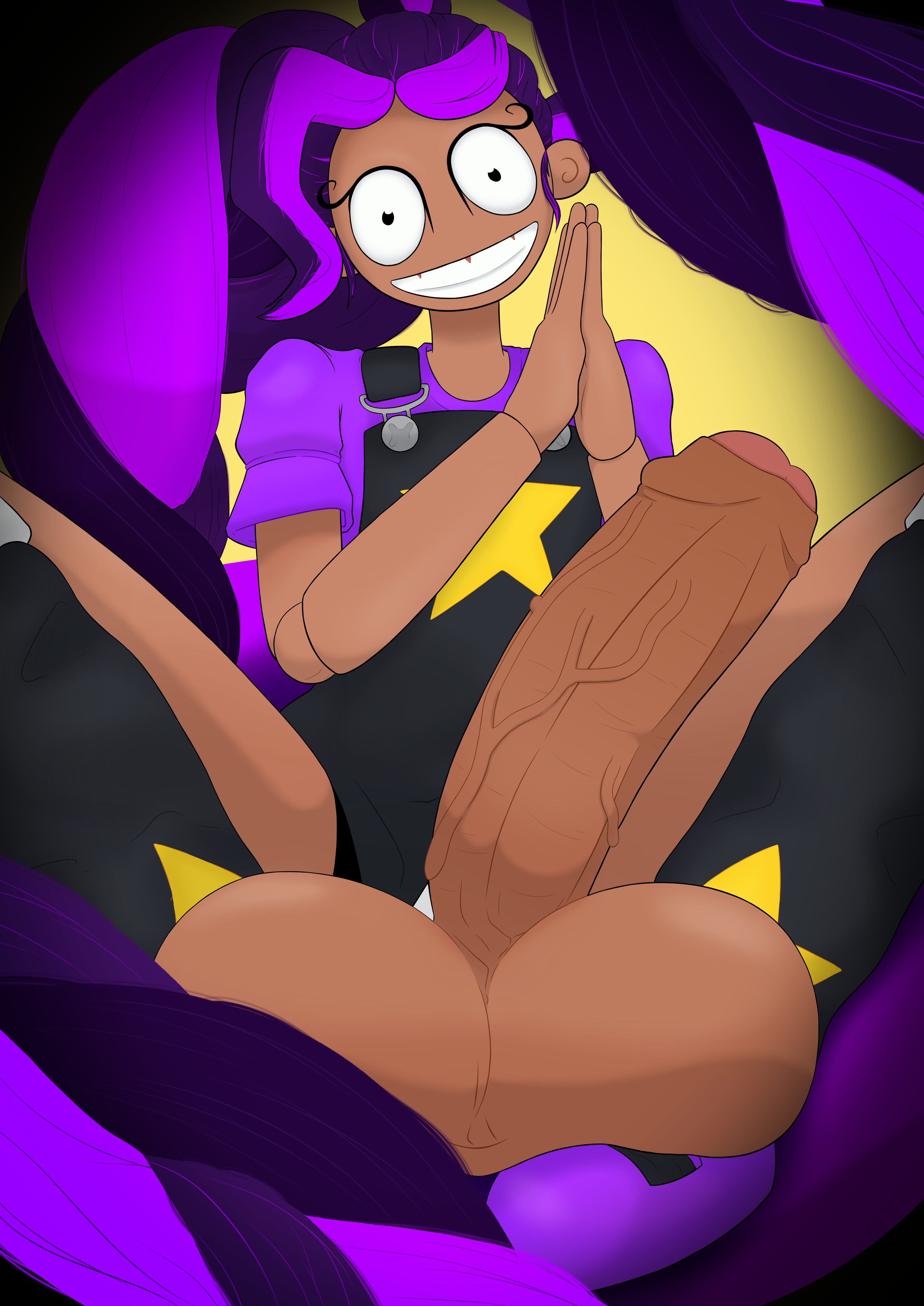 1futa, 2d, 2d (artwork), 2d artwork, alternate version available, braid, braided hair, clapping, cock, doll, doll joints, foreskin, futa only, futanari, huge balls, huge cock, intersex, kneesocks, lily lovebraids, looking at viewer, low-angle view, nekojaanai, penis, pink hair, poppy playtime, poppy playtime (chapter 5), purple hair, simple background, sitting, smile, smiling, suspenders, veiny penis