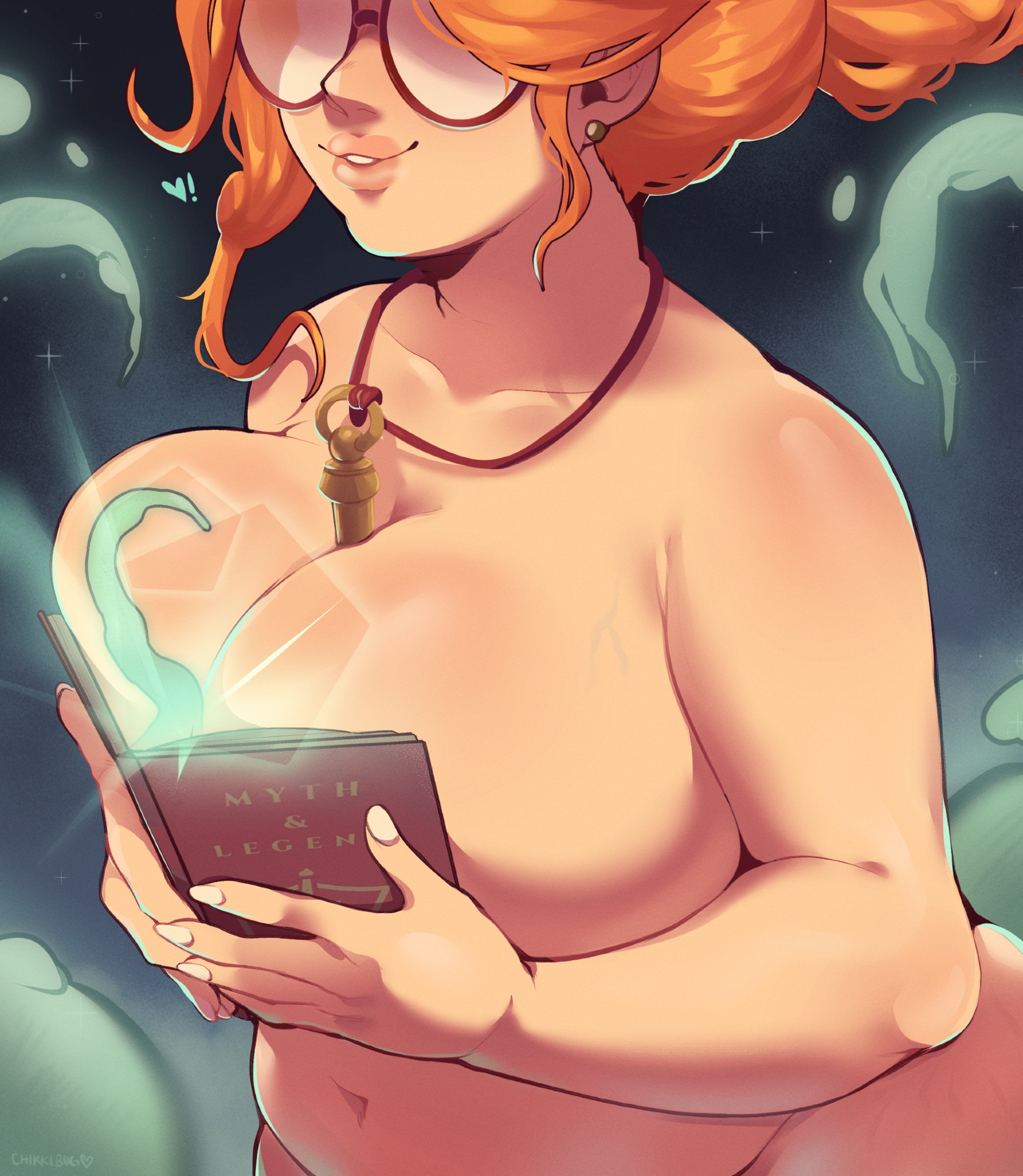 1girls, 2026, big breasts, book, book covering breasts, breasts, chikkibug, deadlock, earrings, female, glasses, heart, hi res, huge breasts, magic, meme, necklace, orange hair, ouch meme, paige (deadlock), queenchikkibug, short hair, slightly chubby, tentacle