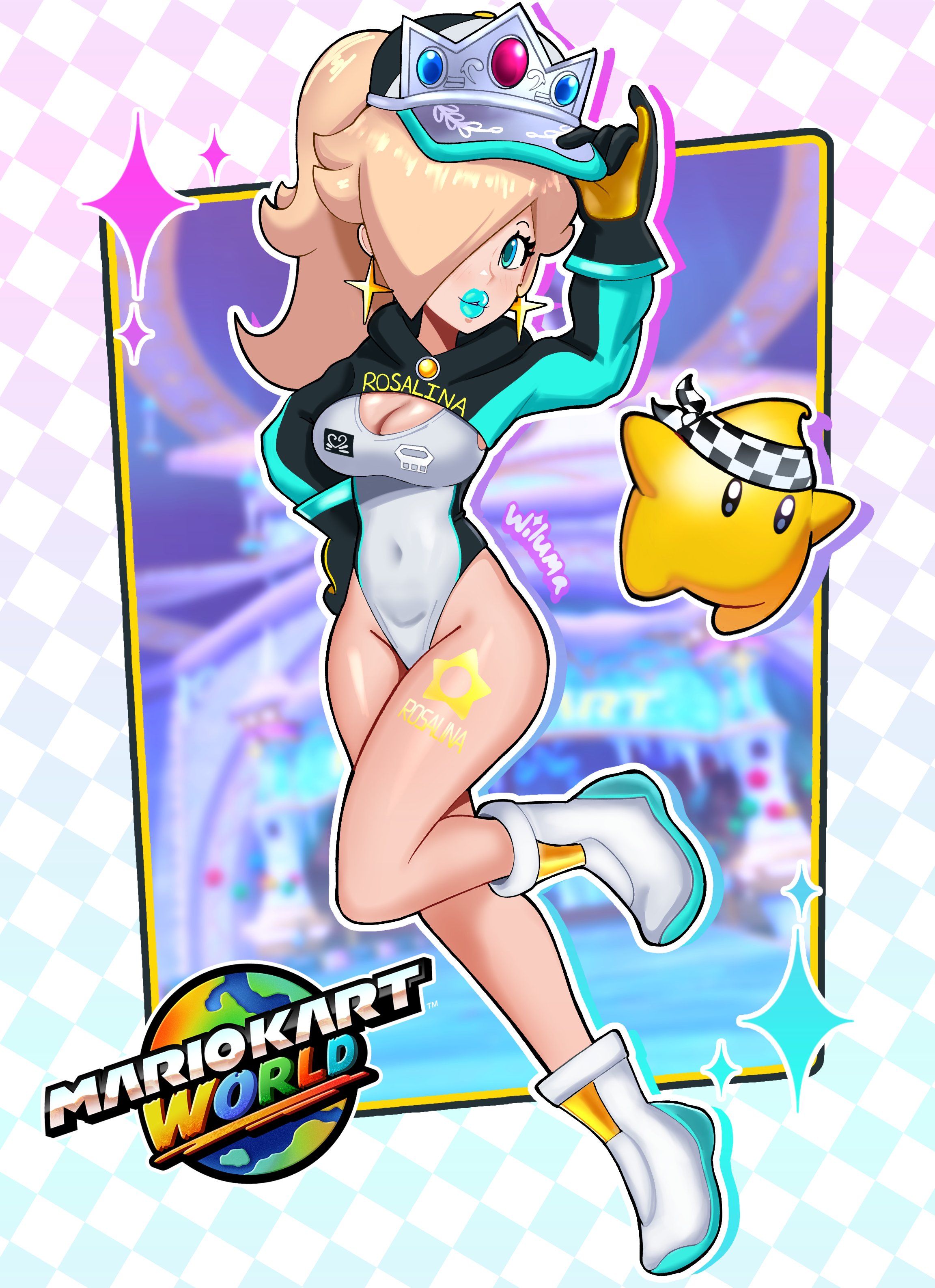 cute, cyan lips, cyan lipstick, female, happy, leotard, lips, lipstick, mario (series), princess rosalina, rosalina, solo, super mario galaxy, white hair, wiluma