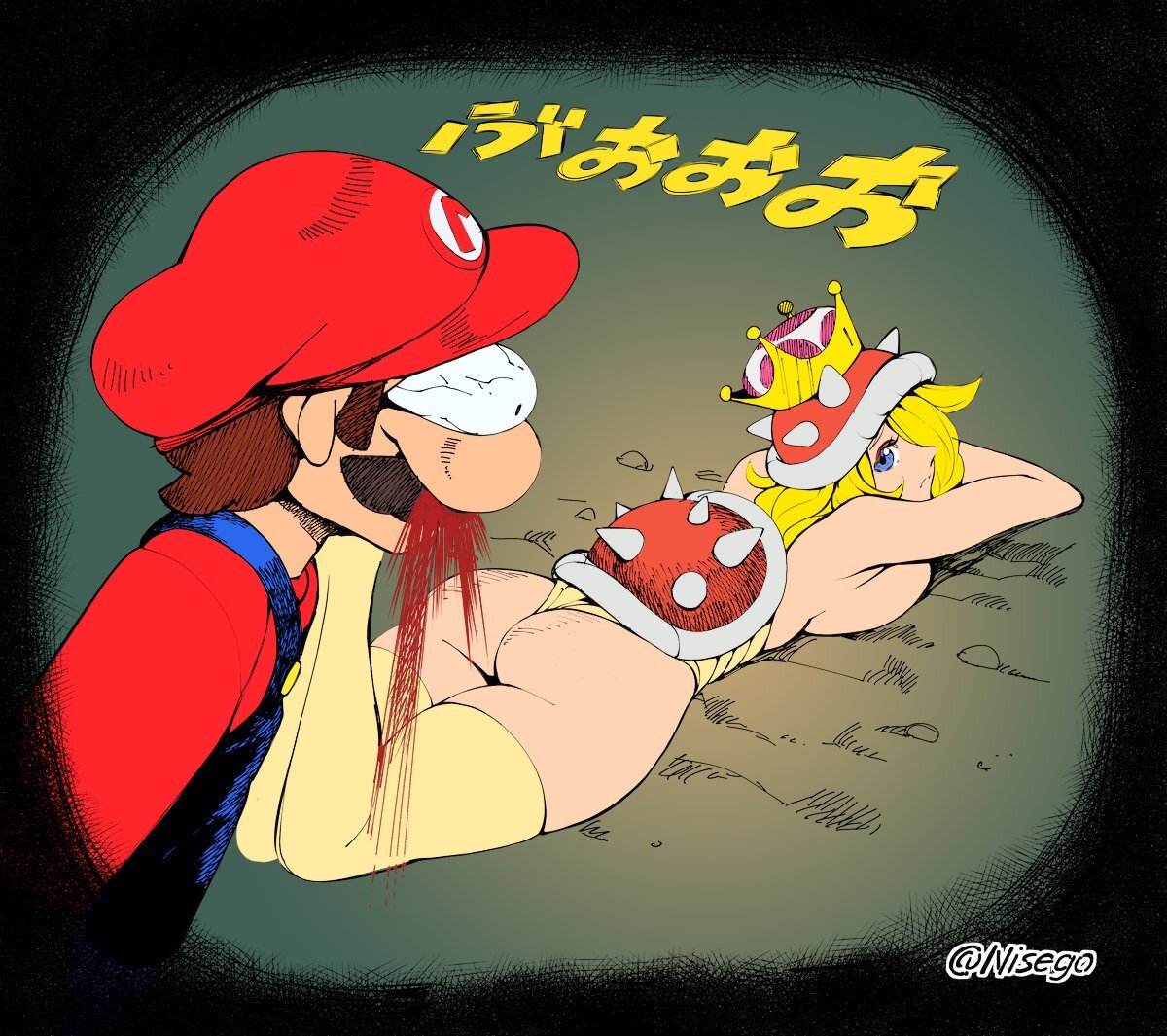 1boy, 1girls, 1up, ass, big ass, big breasts, big butt, big thighs, blonde hair, breasts, brown hair, bubble ass, bubble butt, cleavage, clothed, clothing, crown, curvaceous, curvy, fangs, female, front and back, full color, gameplay mechanics, gloves, green shorts, grey sky, hair over one eye, hat, humanized, large breasts, light skin, light-skinned female, lingerie, long hair, looking at another, looking at viewer, looking back, male, mario, mario (series), midriff, model release, mustache, new super mario bros. u deluxe, nintendo, nipples, nisego, nosebleed, nude, open mouth, panties, red boots, red eyes, red shellhell, shoes, shorts, smaller male, solo, source filmmaker, spinette, spiny, stockings, super crown, super mario bros., super mario bros. (nes), super mario world, sweat, tail, tank top, tears, teeth, thick, thick ass, thick butt, thick hips, thick thighs, thighhighs, thighs, wide hips