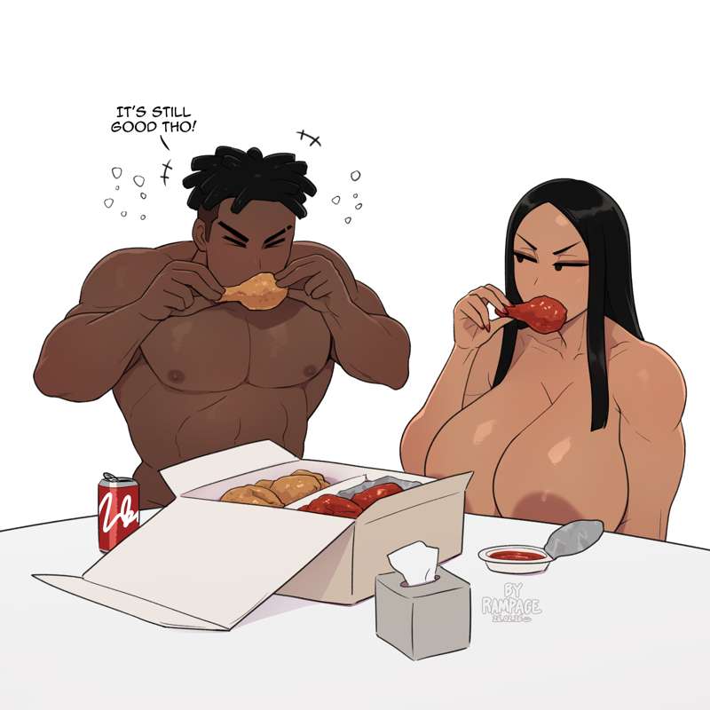1boy, 1girls, 2d, aaron (rampage0118), areolae, beauty mark, big breasts, black hair, breasts, brown hair, cleavage, dark skin, dark-skinned female, dark-skinned male, english text, female, funny, g-string, huge breasts, long fingernails, looking at viewer, male, male/female, muscular, muscular female, nipple bulge, original, original character, painted nails, penis, rampage0118, signature, solo, solo female, speech bubble, text, underboob, watermark, wholesome, yubi (rampage0118)
