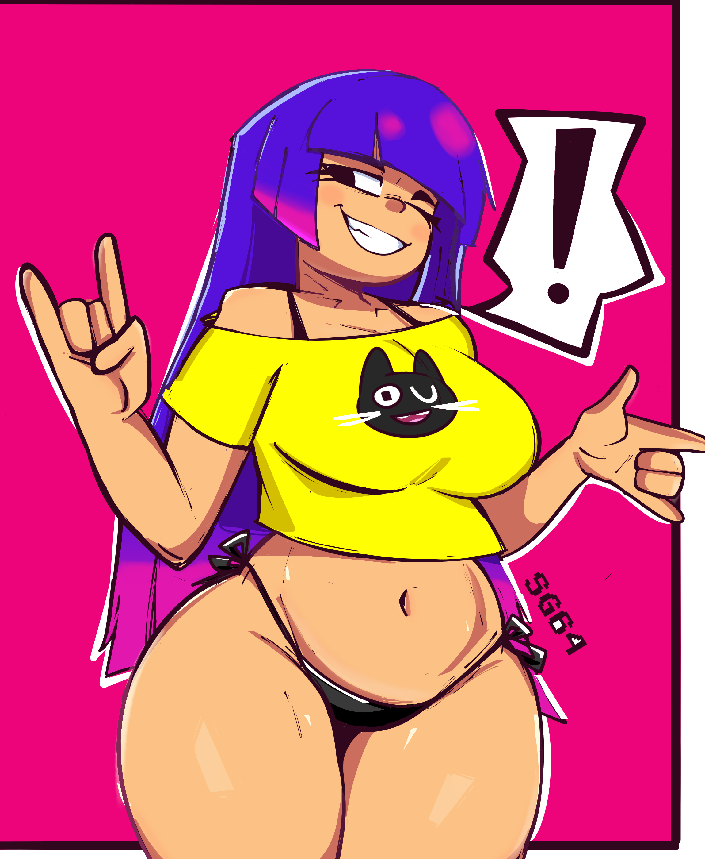 1girls, 2025, aged up, artist name, bikini, bikini under clothes, black bikini, black eyes, black swimsuit, breasts, clothed, crop top, female, female only, glitch techs, human, looking away, miko kubota, navel, one eye closed, purple hair, sg64, shirt, side-tie bikini, side-tie bikini bottom, sign of the horns, smile, solo, swimsuit, swimsuit under clothes, thick thighs, thighs, very long hair