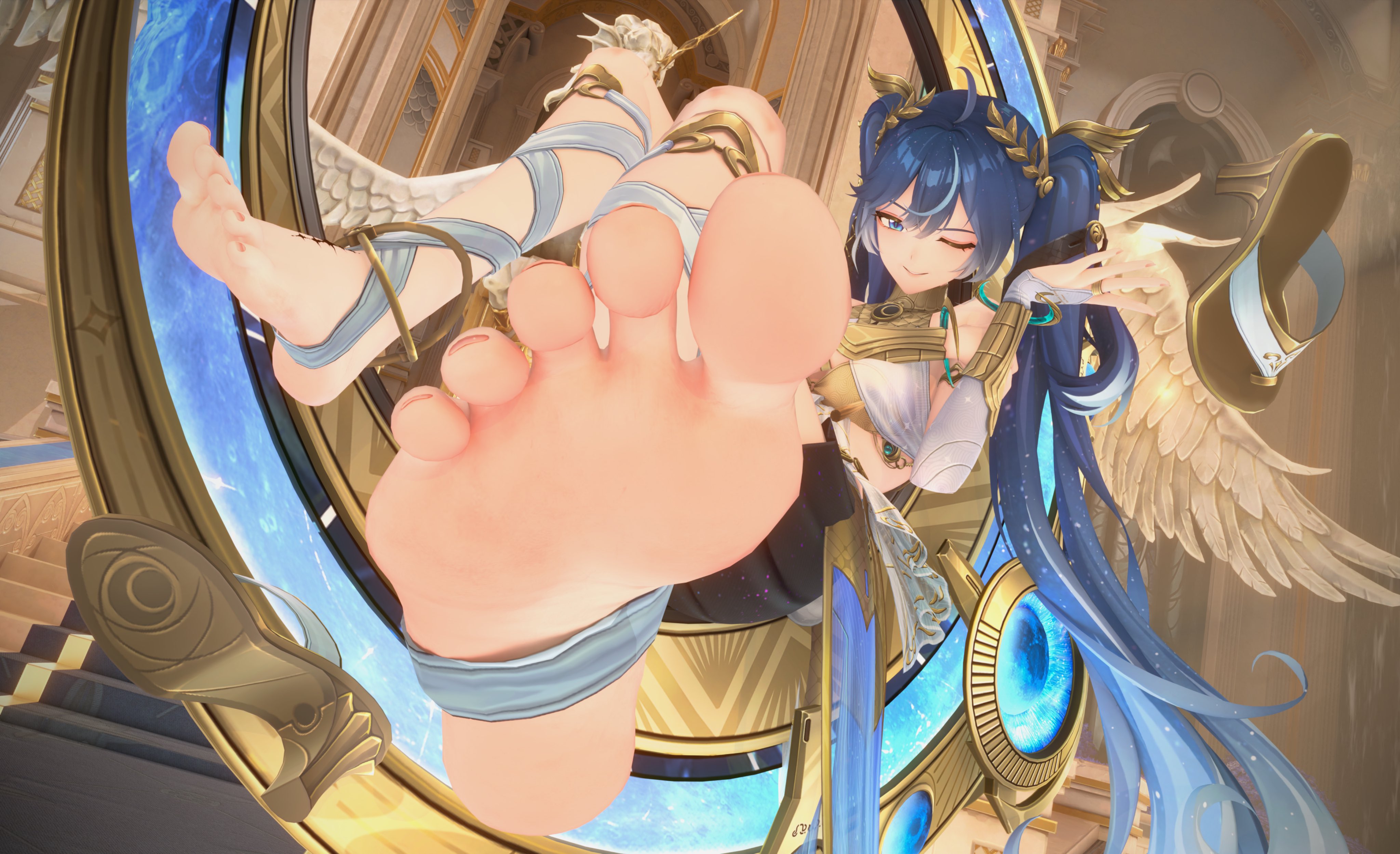 1girls, 3d, blinking, blue hair, clothed female, fayeyyun (artist), feet, female, female focus, female only, fetish, foot fetish, foot focus, iuno (wuthering waves), long hair, removing shoes, sandals removed, soles, twintails, wuthering waves