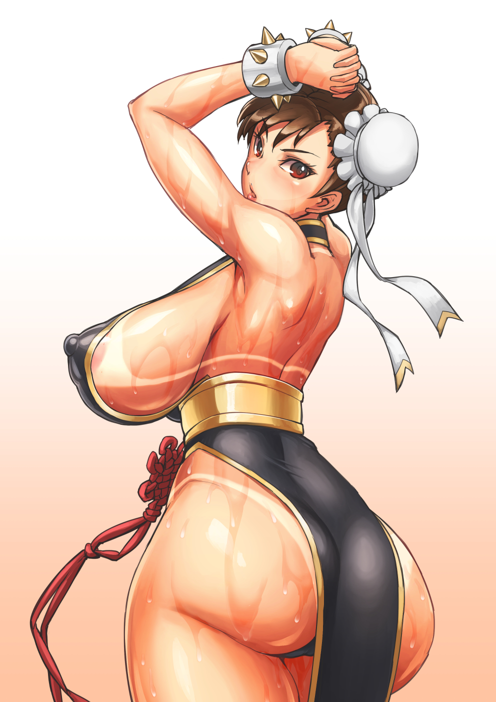 alone alternate_costume areola_slip asian ass bai_linqin bare_arms bare_back bare_shoulders big_ass bikini_tan breasts brown_eyes brown_hair bun_cover cameltoe capcom china_dress chinese_clothes chinese_dress chun-li curvy erect_nipples_under_clothes exposed_breasts female hair_bun hands_above_head hands_together hands_up hips huge_ass huge_breasts large_ass large_breasts looking_at_viewer looking_back nipples_visible_through_clothing sideboob solo street_fighter street_fighter_v subtle_pussy sweat tan_lines tanline tanlines thick_thighs thighs wardrobe_malfunction wet wide_hips