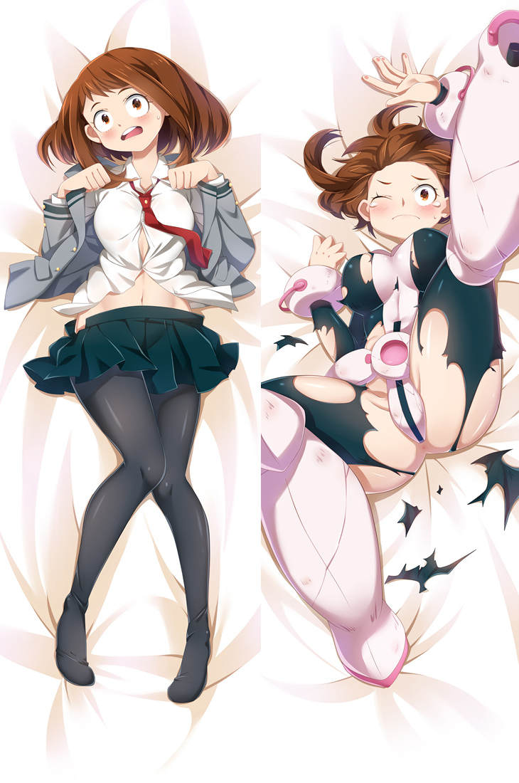 1girls, anus, ass, blush, body pillow, bodysuit, breasts, brown hair, brown-haired female, dakimakura, female, female human, hero outfit (mha), human, light skin, light-skinned female, lucianotdp, my hero academia, ochako uraraka, ochako uraraka (hero outfit), on back, school uniform, schoolgirl uniform, skintight suit, skirt, spread legs, superhero costume, superheroine, teenage female, teenager, torn bodysuit, torn clothes