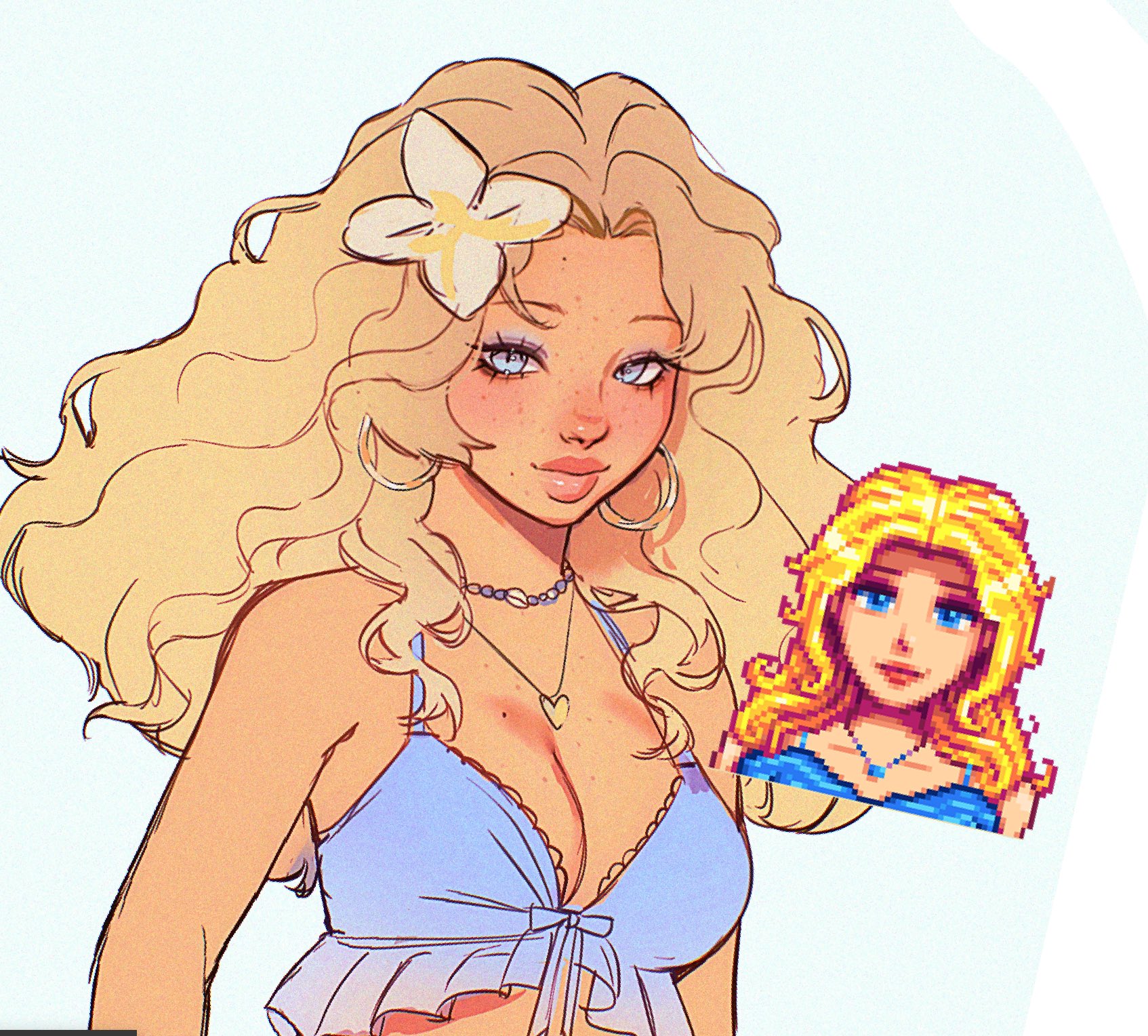 alternate costume, alternate hairstyle, blue bra, blue eyes, blue eyeshadow, body freckles, bra, breast freckles, breasts, cleavage, closed mouth, commentary, curly hair, earrings, english commentary, eyelashes, eyeshadow, female, film grain, flower, forehead, freckles, frilled bra, frills, gyaruish, hair flower, hair ornament, hair over shoulder, haley (stardew valley), heart, heart necklace, highres, hoop earrings, jewelry, lace, lace trim, lace-trimmed bra, long hair, looking to the side, makeup, medium breasts, mole, mole on breast, mole on cheek, mole on forehead, necklace, noisykoala, parted bangs, redesign, reference inset, shell, shell necklace, sketch, stardew valley, tan, thick lips, underwear, upper body, white background, white flower