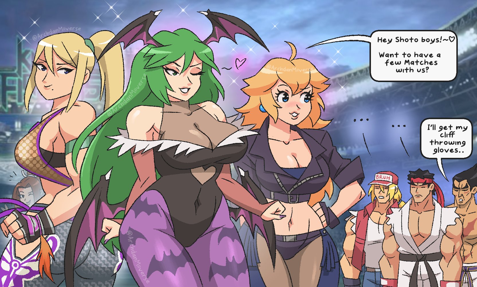 ;), ..., 3boys, 4girls, abs, ahoge, angel (kof) (cosplay), animal hands, animal print, archdan, ass, bandai namco, baseball cap, bat print, bat wings, beauty mark, belt, belt buckle, big breasts, black hair, blonde hair, blue eyes, blue pants, breasts, capcom, chaps, christie monteiro (cosplay), cleavage, closed eyes, closed mouth, clothing cutout, collarbone, comedy, commentary, cosplay, covered navel, crop top, cropped jacket, crossover, darkstalkers, demon girl, dougi, english commentary, english text, eyebrows visible through mask, fatal fury, fatal fury cap, fingerless gloves, funny, gloves, green hair, grey hair, hair over one eye, hair up, hands on own hips, hat, head wings, headband, heart, heart cutout, high ponytail, highleg, highleg leotard, highres, humor, jacket, kazuya mishima, kid icarus, kid icarus uprising, king of fighters, king of fighters 2001, large breasts, leotard, long hair, looking at viewer, looking to the side, low wings, mai shiranui, mario (series), metroid, midriff, mishima kazuya, mole, mole under mouth, morrigan aensland (cosplay), multiple boys, multiple girls, namco, navel, navel visible through clothes, nintendo, one eye closed, palutena, panties, pants, pantyhose, parted lips, ponytail, princess peach, print pantyhose, purple pantyhose, purple wings, red eyes, red hat, red headband, red vest, ryu (street fighter), samus aran, scar, scar on chest, shirt, short hair, sidelocks, simple background, smile, snk, speech bubble, sphere earrings, spoken ellipsis, street fighter, street fighter ii, street fighter ii (series), super smash bros., super smash bros. ultimate, tekken, terry bogard, the king of fighters, the king of fighters 2001, topless male, twitter username, underwear, vest, white pants, white shirt, wings, wink, winking