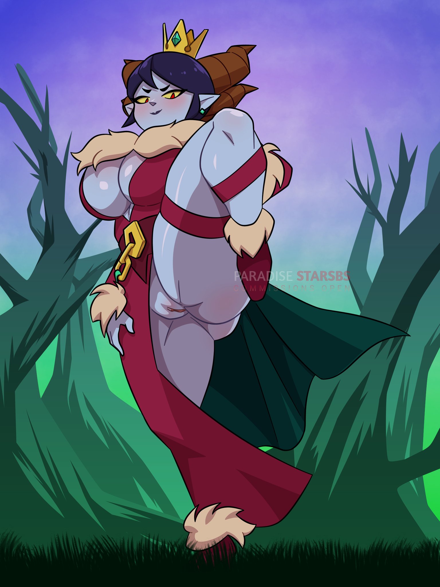 1girls, big breasts, blue body, blush, blushing female, body blush, brawl stars, crown, dress, earrings, female, female only, forest, four horns, gold chain, horned humanoid, horns, leg lift, legband, malicious mandy (brawl stars), mandy (brawl stars), no panties, one leg up, paradisestarsbs, pointy ears, red eyes, standing on one leg, yellow sclera
