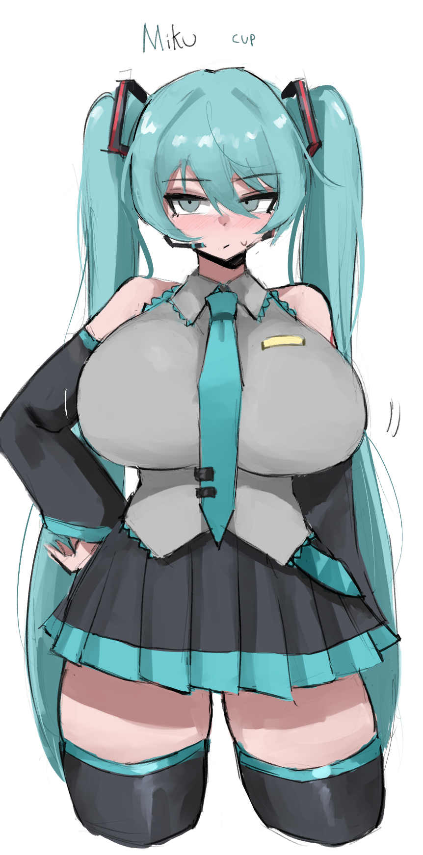 1girl, 1girls, 2026, alternate breast size, aqua eyes, aqua hair, bare shoulders, big breasts, blue eyes, blue hair, blush, breasts, clothed, clothing, color, colored, detached sleeves, digital media (artwork), doubleuww1, female, female only, hair, hand on hip, hatsune miku, hatsune miku (original), headset, hi res, huge breasts, large breasts, light skin, light-skinned female, long hair, looking at viewer, looking away, necktie, ponytail, shirt, simple background, skirt, solo, sweat, sweatdrop, thick thighs, thighhighs, thighs, twintails, very long hair, vocaloid, white background, www1 (artist)