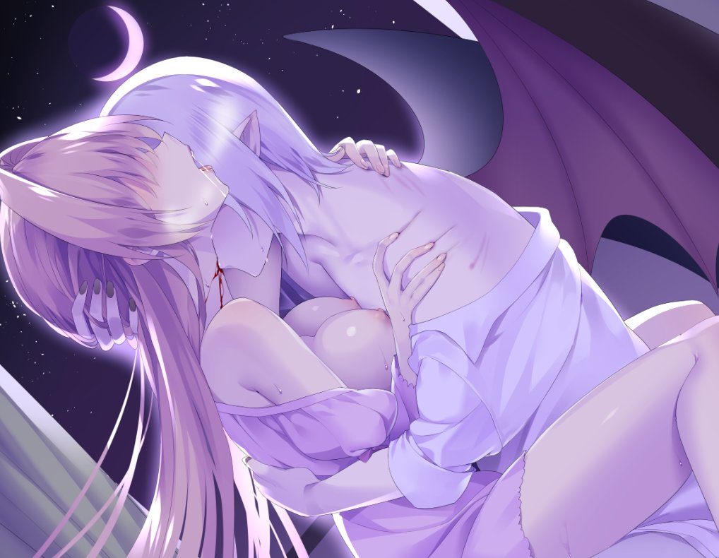 1boy ahe_gao bare_shoulders biting black_nails blood blue_hair blush breasts commentary_request crescent_moon curtains female fingernails hair_intakes hair_over_eyes large_breasts lingerie long_hair moon mvv nail_polish neck_biting negligee night night_sky nipples off_shoulder open_mouth pink_hair pointy_ears saliva sky star_(sky) starry_sky straddling underwear wings