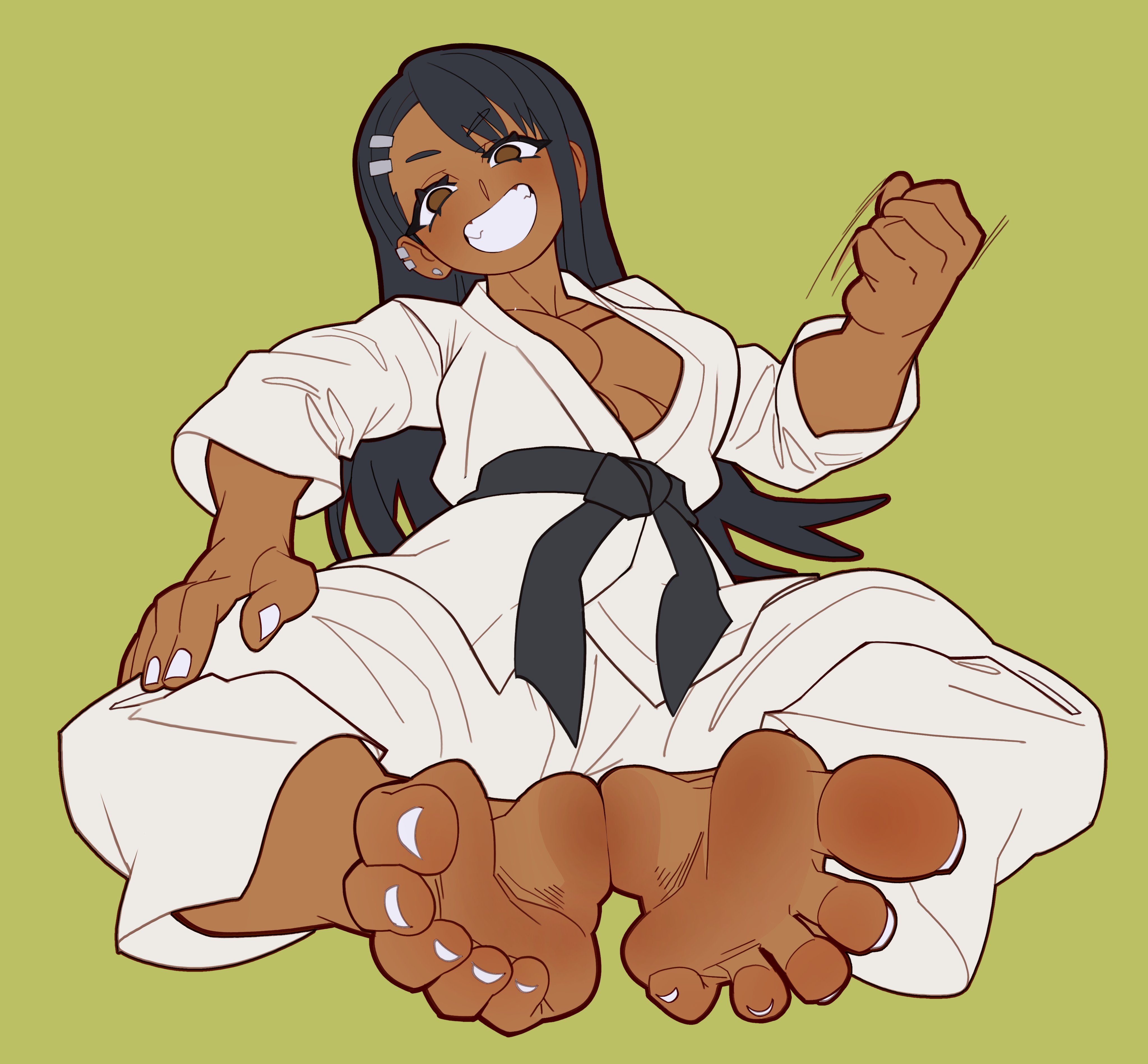 1girl, 1girls, cleavage, exnezo, feet, female, female focus, female only, foot fetish, foot focus, fully clothed, grinning, grinning at viewer, hayase nagatoro, huge breasts, jerking off hand motion, karate, karate gi, looking at viewer, painted nails, painted toenails, please don't bully me, nagatoro, smirk, soles, tan body, tan skin, toes, white toenails