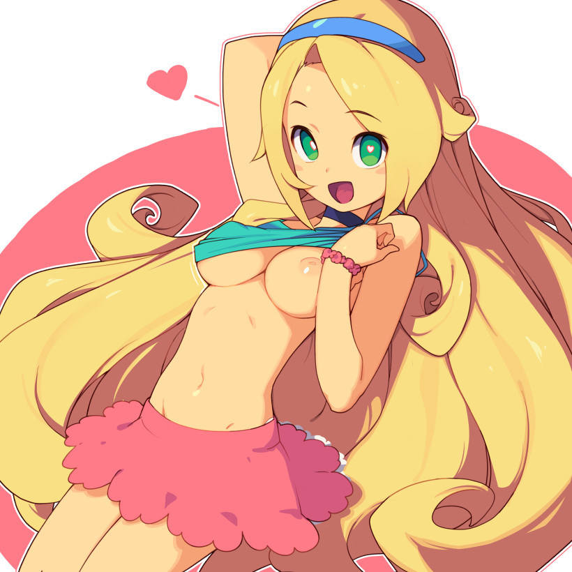 :d, 1girls, 2d, blonde hair, blue hairband, blue shirt, breasts, clothes lift, color, commentary request, female, female only, full color, green eyes, hairband, haley (stardew valley), heart, heart-shaped pupils, inverted nipples, lifting own clothes, long hair, looking at viewer, medium breasts, metata, miniskirt, navel, open mouth, red background, red scrunchie, red skirt, scrunchie, shirt, shirt lift, skirt, smile, solo, stardew valley, symbol-shaped pupils, thighs, two-tone background, very long hair, white background, wrist scrunchie