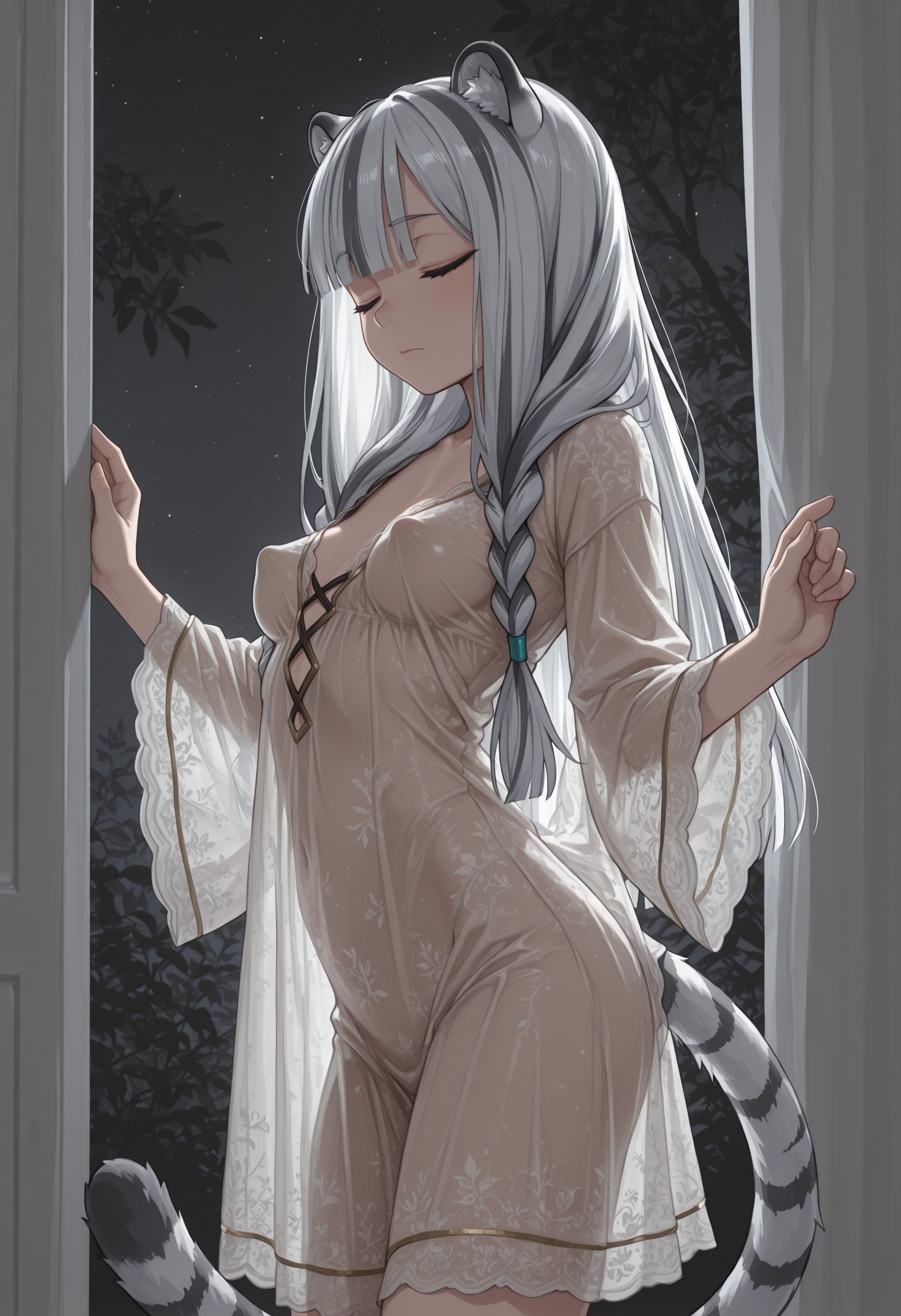 ai generated, animal ear fluff, animal ears, atla fayon, black hair, blunt bangs, bushes, cat ears, cat tail, civitai, closed eyes, czero2011, lace clothing, long hair, long sleeves, navel visible through clothes, night, night sky, nightgown, pale skin, perky breasts, perky nipples, shear clothing, silhouetted body, skinny, small breasts, solo female, standing, tate no yuusha no nariagari, the rising of the shield hero, translucent clothing, twin braids, two toned hair, white hair, white tiger girl, window