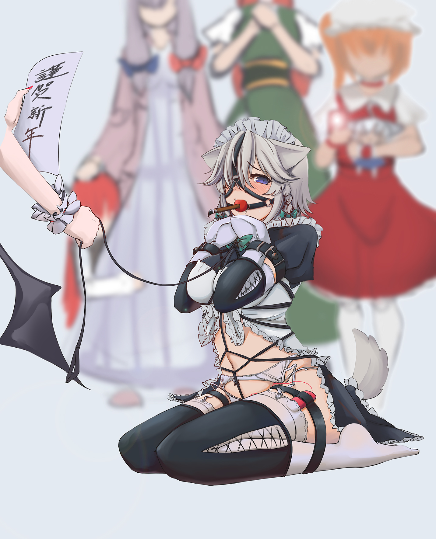 6+girls, animal ears, ball gag, bitchsuit, blue eyes, blush, bondage, bound, braid, collar, female, female only, femdom, femsub, flandre scarlet, frown, gag, gagged, garter belt, garter straps, hair ribbon, harness gag, holding, hong meiling, kneeling, koakuma, kumachi (aikawaakeya), leash, long hair, looking at viewer, multiple females, multiple girls, nail polish, navel, out of frame, paintbrush, painting, paper, patchouli knowledge, pet play, red hair, remilia scarlet, ribbon, rope, sakuya izayoi, short hair, silver hair, standing, stockings, tail, thighhighs, touhou, translation request, vibrator, white background, wings, writing, yuri