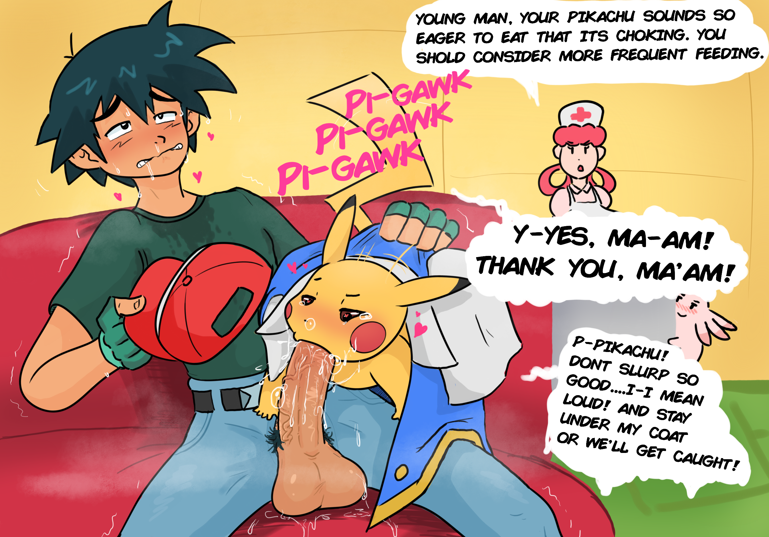 ash ketchum, big balls, big cock, blowjob, furry, gagging, gay, human male on feral male, nurse joy, oral, pervypocket, pikachu, pokemon, pokephilia, public sex, satoshi (pokemon), sloppy blowjob, stealth sex, sweat, yaoi, yaoi with female audience
