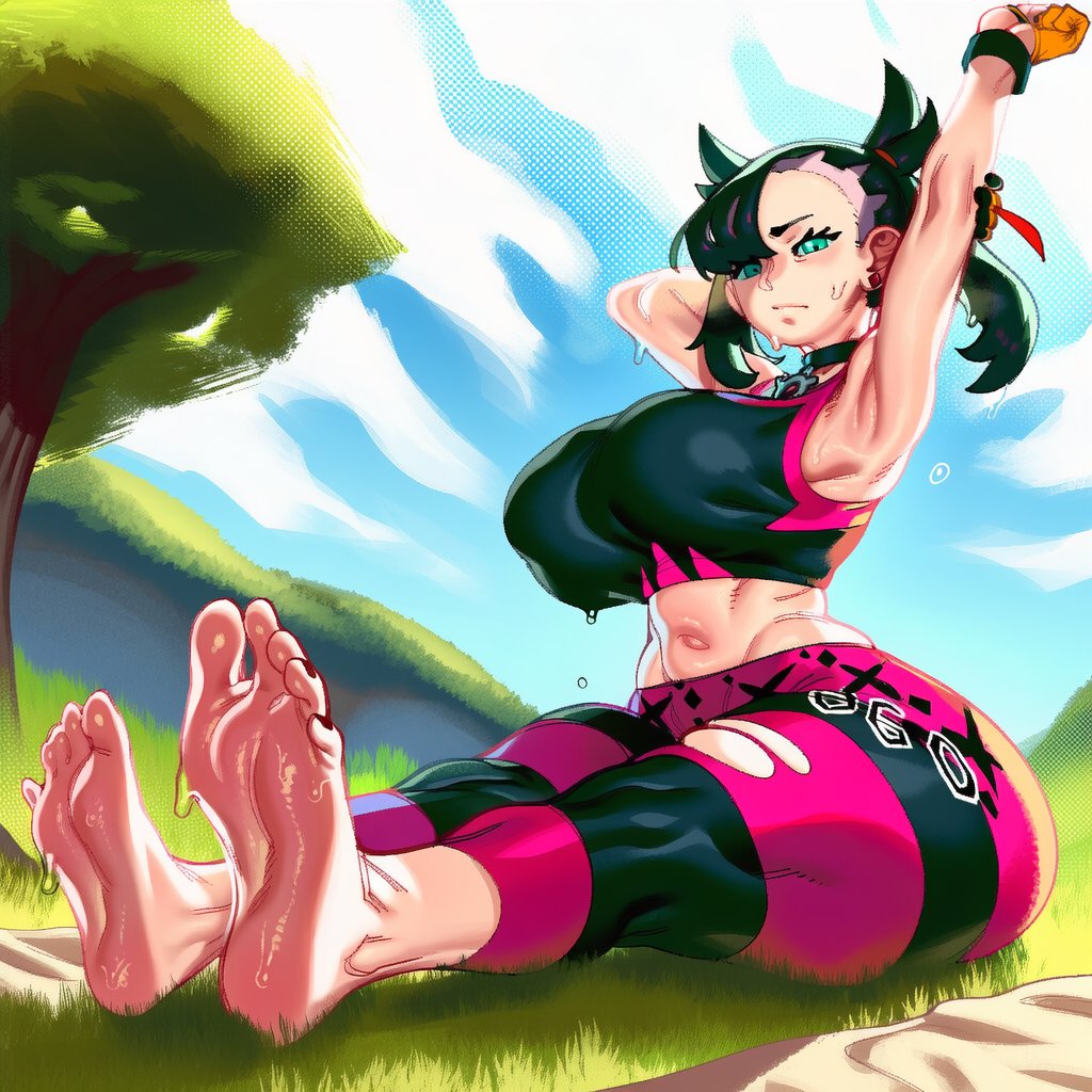 1girls, 2d, ai generated, alternate breast size, aqua eyes, arm up, armpit fetish, armpits, arms up, ass, asymmetrical bangs, barefoot, big ass, big breasts, big butt, big thighs, black choker, black hair, black nails, black sports bra, breasts, choker, earrings, emotionless, feet, female, female only, foot fetish, foot focus, foxes inn, grass, green eyes, huge ass, huge breasts, huge butt, jewelry, large ass, large breasts, large butt, large thighs, looking at viewer, marnie (pokemon), medium hair, midriff, nail polish, navel, outdoors, pants, pokemon, sitting, sky, soles, solo, solo female, sports bra, steam, stretching, sweat, sweatdrop, thick ass, thick butt, thick thighs, thighs, toenail polish, toenails, toes, torn clothes, tree, twintails, undercut, wristband