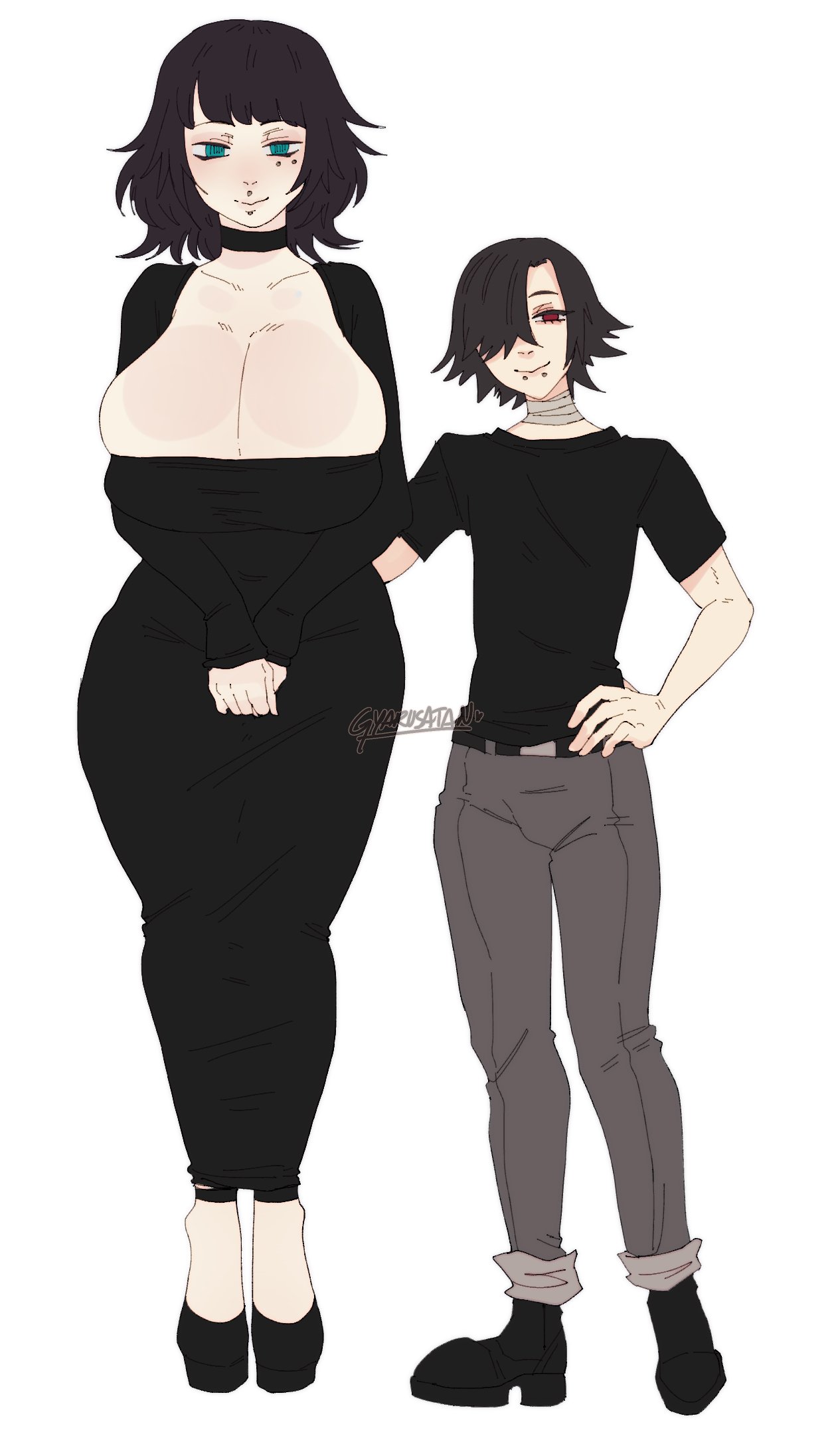 1boy, 1futa, big breasts, black hair, choker, cleavage, clothing, erika (gyarusatan), eyebrow piercing, futanari, green eyes, gyarusatan, hand on hip, height difference, hi res, huge breasts, lev (gyarusatan), lip piercing, looking at viewer, male, original, piercing, red eyes, shorter male, simple background, smiling, smiling at viewer, taller futa, white background, wide hips