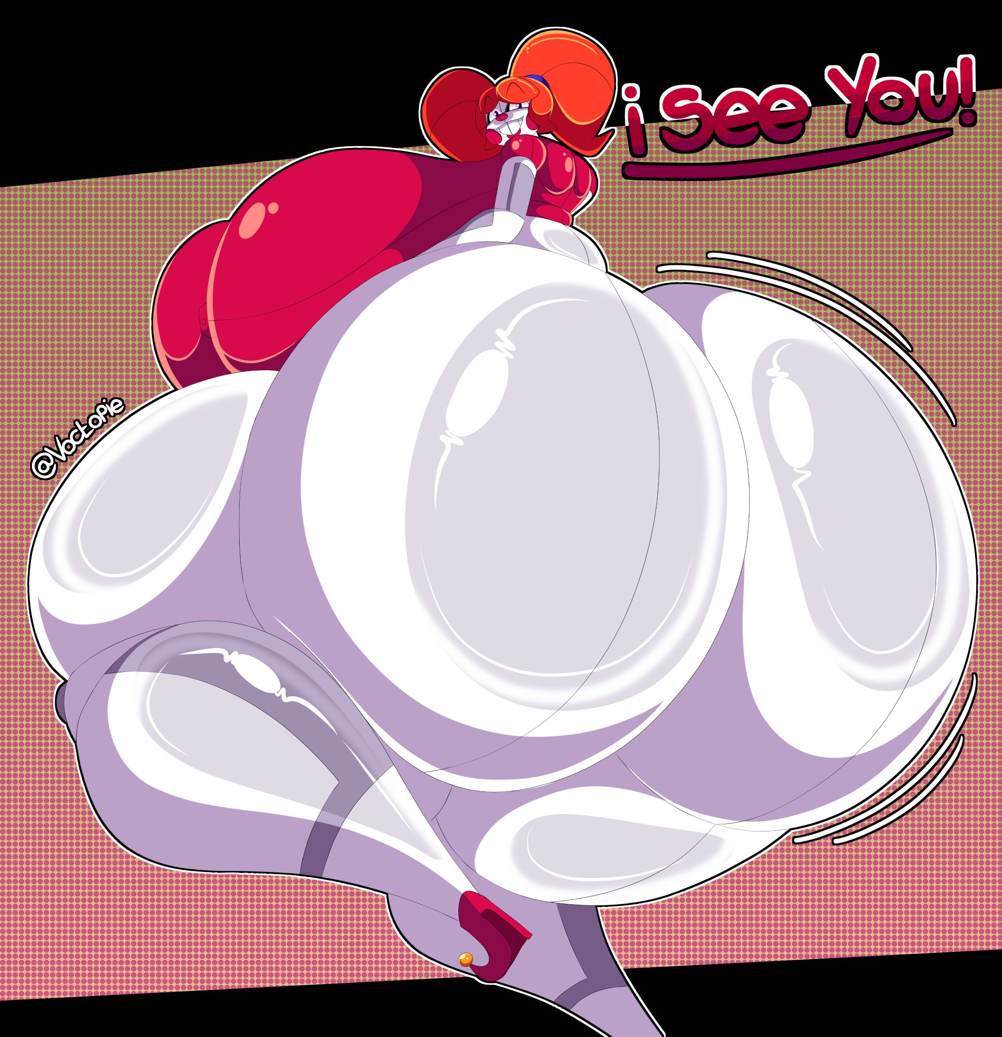 1girl, 1girls, ass, ass bigger than head, ass up, back, back view, big ass, big breasts, big thighs, breasts, breasts bigger than head, circus baby, circus baby (fnaf), curvaceous, curvaceous ass, curvaceous body, curvaceous female, curvaceous figure, curvaceous hips, curvaceous thighs, curves, curvy, curvy body, curvy female, curvy figure, curvy hips, fat ass, female, female focus, female only, five nights at freddy's, five nights at freddy's: sister location, fnaf, fnaf sister location, giant ass, giant breasts, giant thighs, gigantic ass, gigantic breasts, gigantic thighs, huge ass, huge breasts, huge thighs, hyper, hyper ass, hyper breasts, hyper testicles, large ass, large breasts, large thighs, long hair, looking at viewer, looking back, looking back at viewer, looking over shoulder, massive ass, massive breasts, massive thighs, mommy, mommy milkers, pale, pale body, pale skin, pale skinned female, pale-skin, pale-skinned female, phat ass, plump, plump ass, plump breasts, plump thighs, ponytails, red hair, red shirt, shirt, shirt only, solo, solo female, solo focus, thighs, thighs bigger than head, voctopie, voluptuous, voluptuous body, voluptuous female, wobble, wobbling, wobbling ass