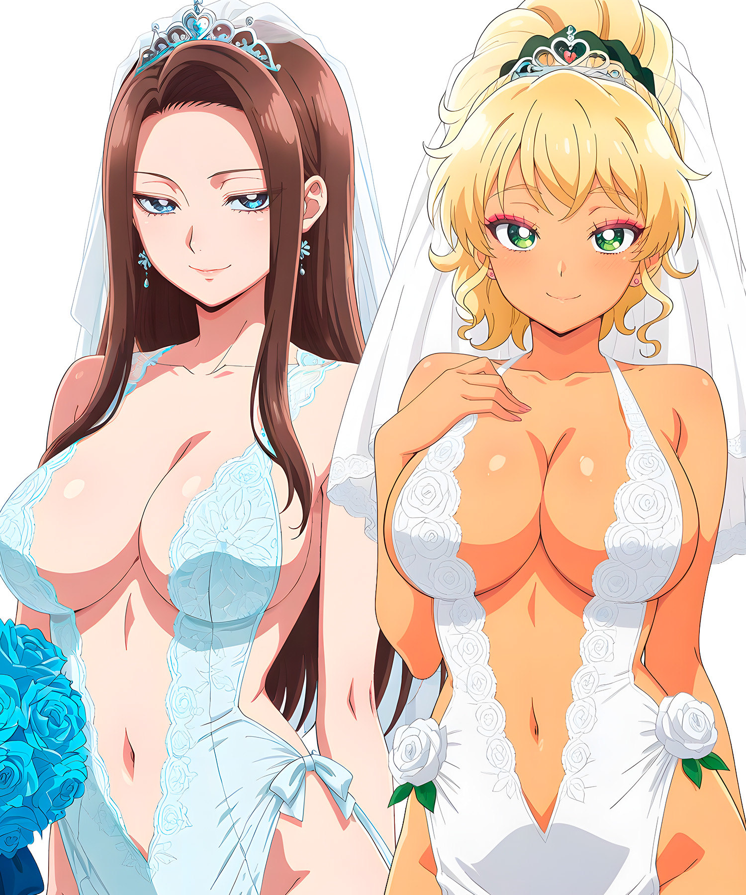 ai generated, amane kei, blonde hair, blue eyes, brown hair, brunette, green eyes, ijichi kotoko, medium breasts, otaku ni yasashii gal wa inai!?, wedding dress