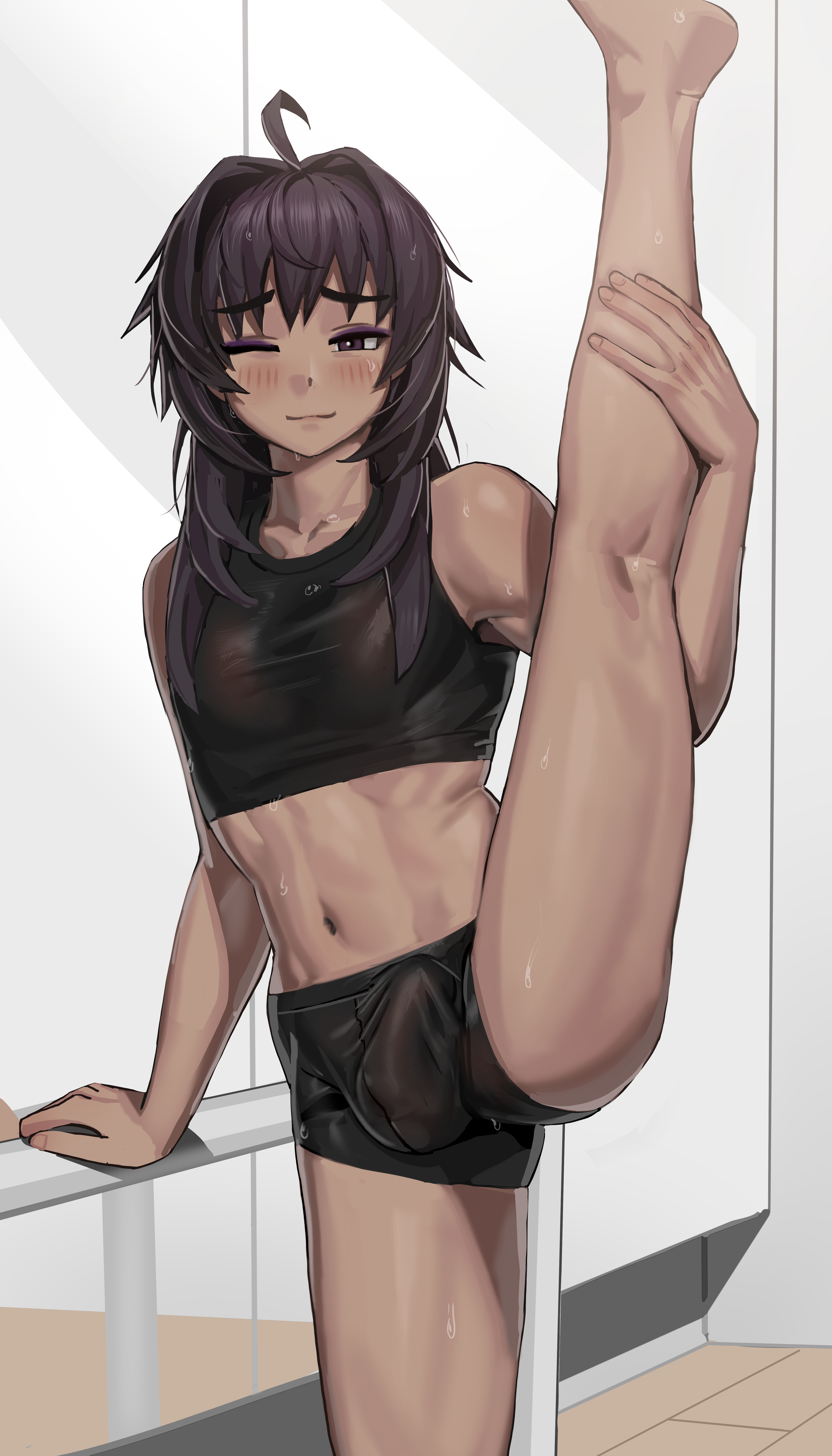 1boy, balls, balls outline, bulge, bulge through clothing, bulge under clothes, dark skin, dark-skinned femboy, dark-skinned male, detailed bulge, femboy, genital outline, gym clothes, gym shorts, gym uniform, leg up, male, male only, one eye closed, otoko no ko, penis, penis outline, shorts, solo, solo male, sports bra, sportswear, stretching, trap, waia (pappe76024), yoga