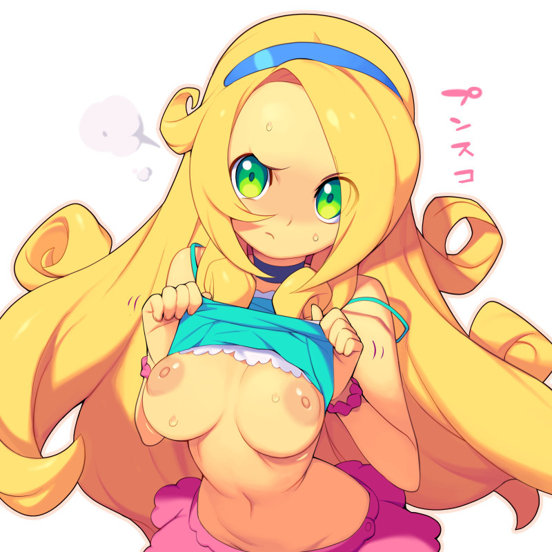 blonde hair, blush, breasts, breasts apart, choker, clothes lift, curly hair, female, female torso, frown, green eyes, hairband, haley (stardew valley), inverted nipples, large areolae, long hair, looking at viewer, medium breasts, metata, narrow waist, navel, nipples, no bra, perky breasts, scrunchie, shirt lift, skirt, stardew valley, strap slip, sweat, swept bangs, tank top, very long hair, wrist scrunchie