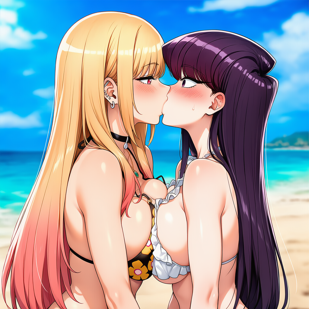 2girls, ai generated, arm at side, bare arms, bare shoulders, beach, big breasts, bikini, black choker, blonde female, blonde hair, blurry, blurry background, blush, breast press, breasts, choker, cleavage, couple, crossover, day, duo, ear piercing, earrings, eye contact, eyebrows visible through hair, eyes visible through hair, female only, female/female, floral print, frilled bikini, frilled swimsuit, frills, girlsareawesome, gradient, gradient hair, half-closed eyes, jewelry, kissing, kitagawa marin, komi shouko, komi-san wa komyushou desu, long hair, looking at another, love, multicolored hair, multiple females, multiple girls, mutual yuri, neck, necklace, ocean, outdoors, piercing, pink hair, purple eyes, purple hair, red eyes, romantic, romantic couple, sand, sky, sono bisque doll wa koi wo suru, straight hair, surprised, sweat, sweatdrop, swimsuit, symmetrical docking, upper body, water, white bikini, white swimsuit, yuri