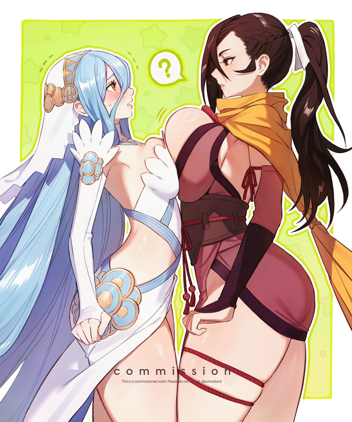 2girls, asymmetrical docking, azura (fire emblem), blue hair, blush, breast envy, breast press, breast size difference, brown hair, cleavage, clenched hands, commission, cowboy shot, fire emblem, fire emblem fates, from side, green background, hair over one eye, height difference, intelligent systems, kagero (fire emblem), long hair, motion lines, ninja, parted lips, ponytail, question mark, scarf, simple background, skindentation, standing, sumustard, thick thighs, thighs, watermark