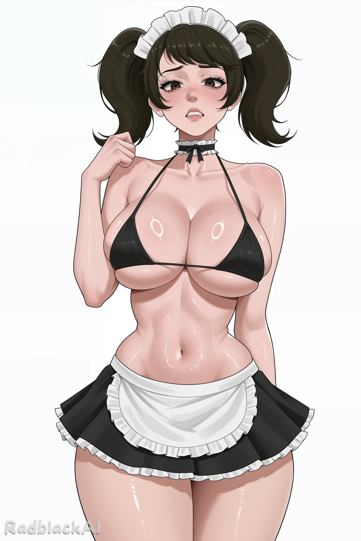 1girls, ai generated, atlus, bare shoulders, becky (persona), blush, bra, breasts, brown eyes, brown hair, choker, embarrassed, female, female only, frilled choker, maid, maid headdress, megami tensei, miniskirt, persona, persona 5, revealing clothes, sadayo kawakami, skimpy, skinny, skinny female, slim waist, solo, swept bangs, twintails