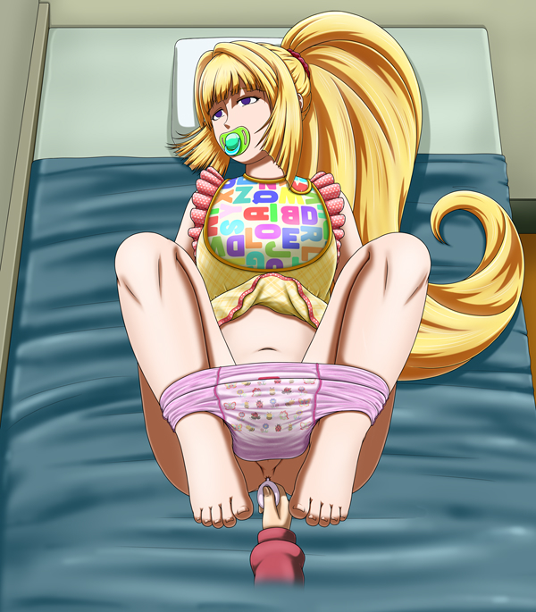 adult_baby anal anal_object_insertion bib blonde_female blonde_hair diaper empty_eyes enema god_hand_mar gundam gundam_tekketsu_no_orphans kudelia_aina_bernstein long_hair lying object_insertion on_back pacifier ponytail pull-up_diaper purple_eyes underwear