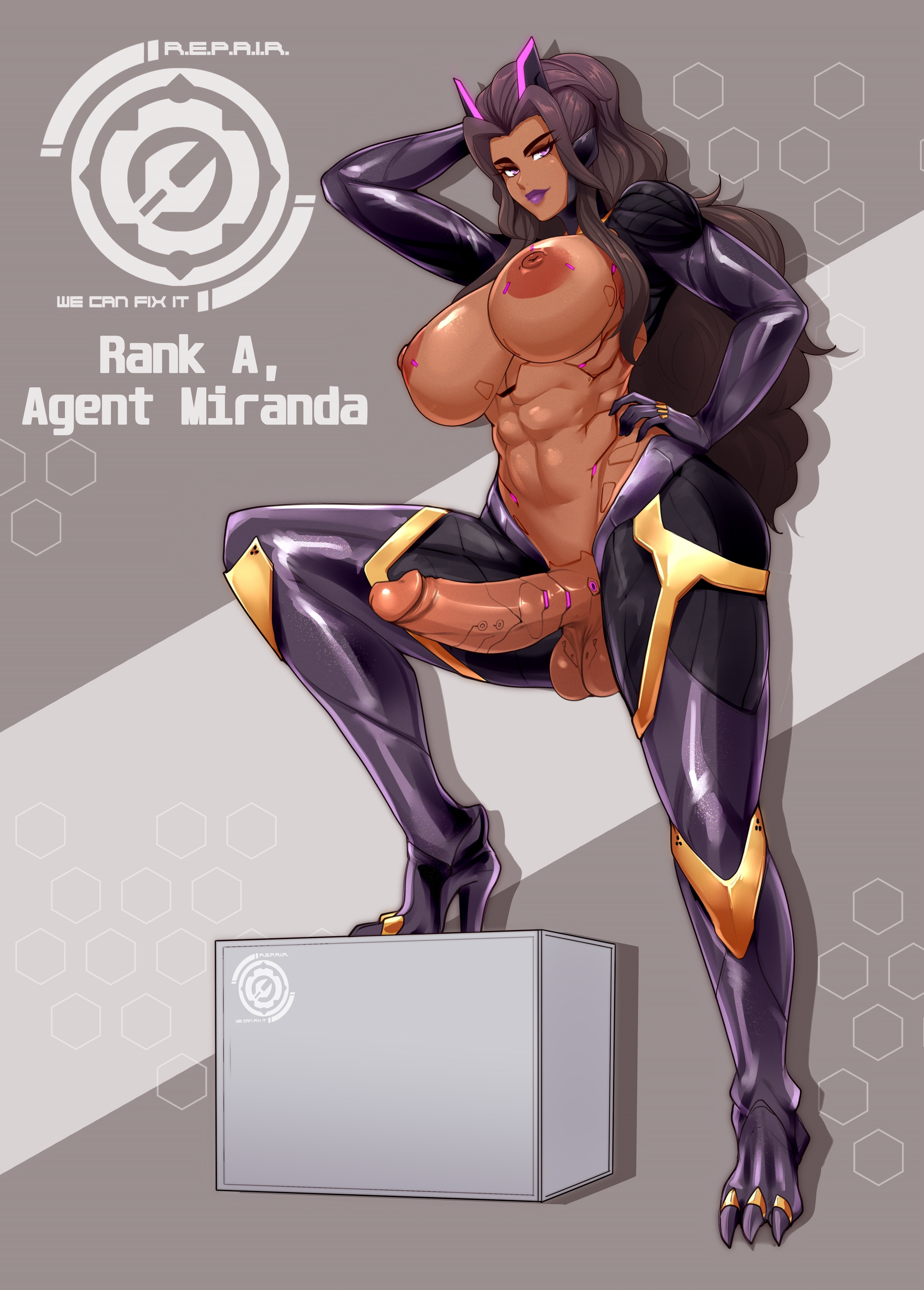 1futa, abs, agent miranda (omega processor), areolae, armor, balls, big breasts, big penis, bodysuit, breasts, brown hair, commission, cybernetics, dark skin, dark-skinned futa, dickgirl, english text, exposed breasts, futa only, futanari, hand behind head, hand on hip, heels, hi res, intersex, long hair, looking at viewer, muscular, muscular futa, nipples, nofuture, penis, purple eyes, purple lipstick, solo, text