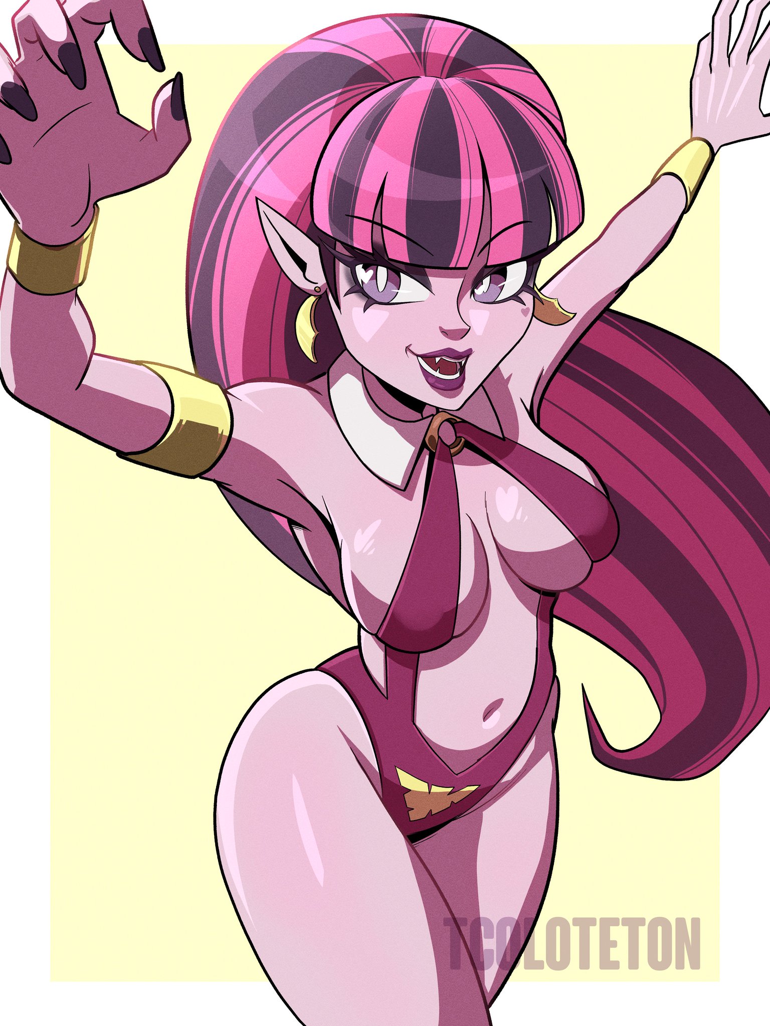 armpits, belly button, black nails, breast press, breasts, cosplay, curvy, draculaura, fangs, female, monster girl, monster high, perspective, pink skin, pointy ears, pressing breasts, purple lipstick, skimpy, skimpy bikini, skimpy clothes, skimpy outfit, split-color hair, tecoloteton, vampire girl, vampirella (cosplay)