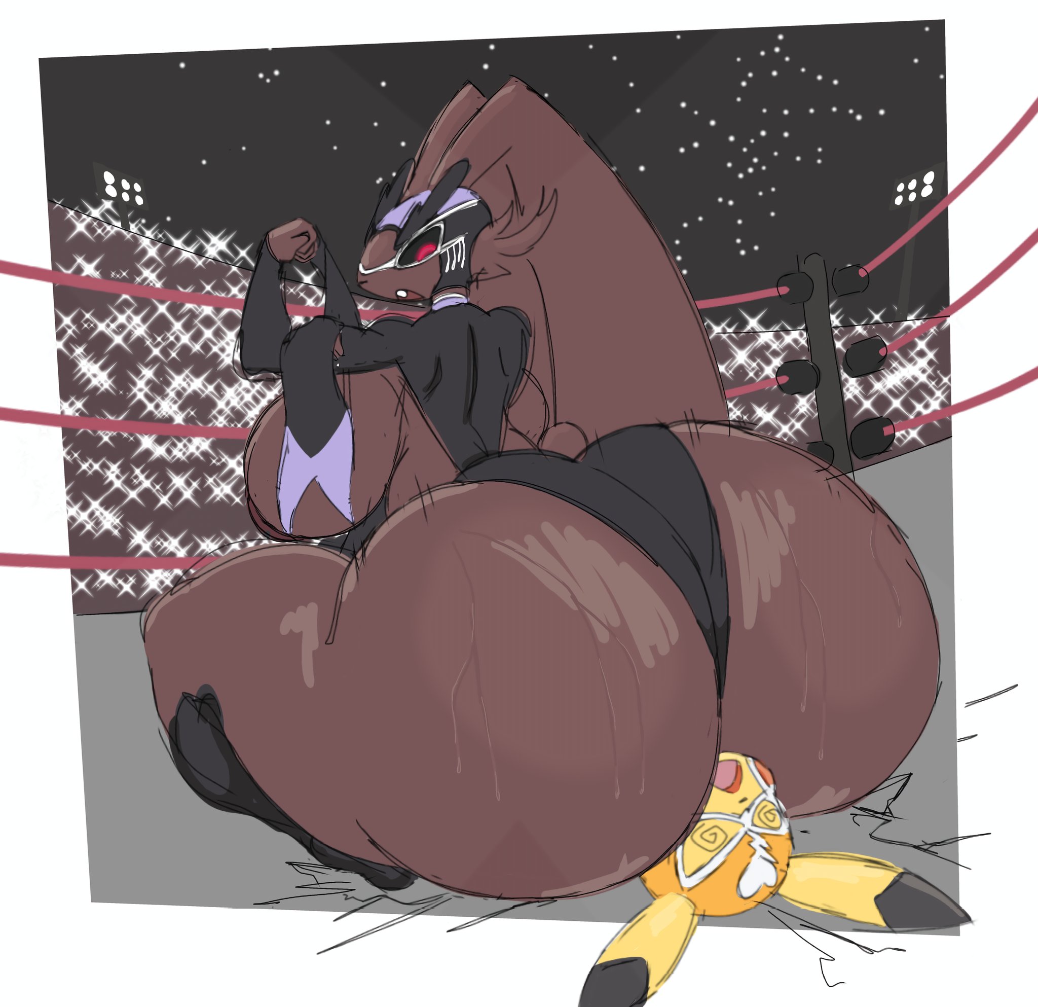 2026, 2girls, ass, big ass, cosplay pikachu, female, furry, furry female, lopunny, milobaabaa, pikachu, pikachu libre, pokemon, pokemon (species), sitting, sitting on person, tagme, wrestling
