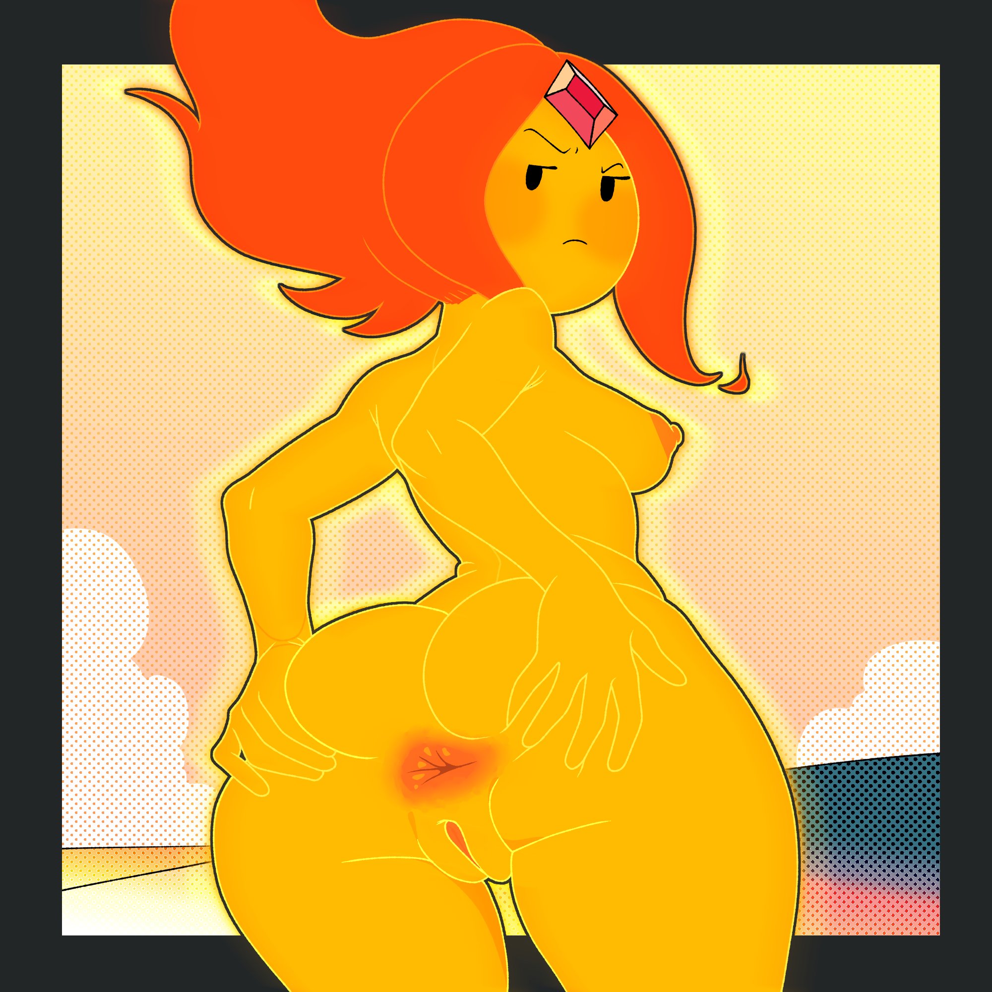 adventure time, anus, areolae, ass, blush, breasts, fire, flame princess, flaming hair, gem on forehead, kerotheklutz, mob face, nipples, princess, spread ass, vagina
