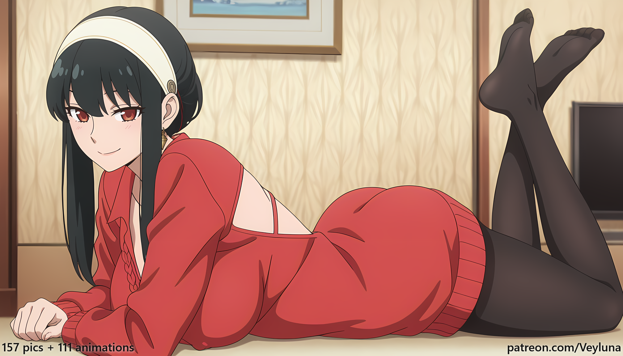 1girl, 1girls, absurd res, ai assisted, ai generated, anime, ass, big ass, black hair, black pantyhose, boobs, breasts, bubble butt, butt, cleavage, curvaceous, curvy, curvy figure, earrings, gold hairband, hairband, high resolution, highres, hourglass figure, huge ass, huge butt, indoors, large breasts, light-skinned female, long hair, looking back, lying, midriff, off-shoulder sweater, on stomach, pantyhose, patreon, patreon logo, patreon username, red eyes, red sweater, smile, solo, spy x family, thick thighs, thighs, veyluna, voluptuous, wide hips, yor briar, yor forger