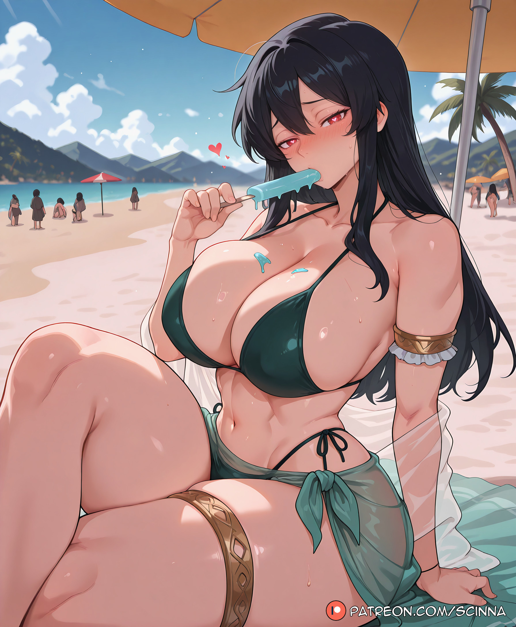 ai generated, armlet, bare shoulders, beach, beach umbrella, bikini, black hair, blue sky, blush, breasts, cleavage, collarbone, curvaceous, curvaceous body, curvy, curvy body, curvy female, day, female, food, food on body, green bikini, heart, heart-shaped pupils, holding, holding food, holding popsicle, huge breasts, kivia patausche, large breasts, long hair, looking at viewer, melting, navel, outdoors, patreon logo, patreon username, popsicle, red eyes, sarong, scinna, see-through, self upload, side-tie bikini bottom, sitting, sky, solo focus, stable diffusion, stomach, swimsuit, symbol-shaped pupils, thick thighs, thigh strap, thighlet, thighs, umbrella, voluptuous, voluptuous body, voluptuous female, yuushakei ni shosu