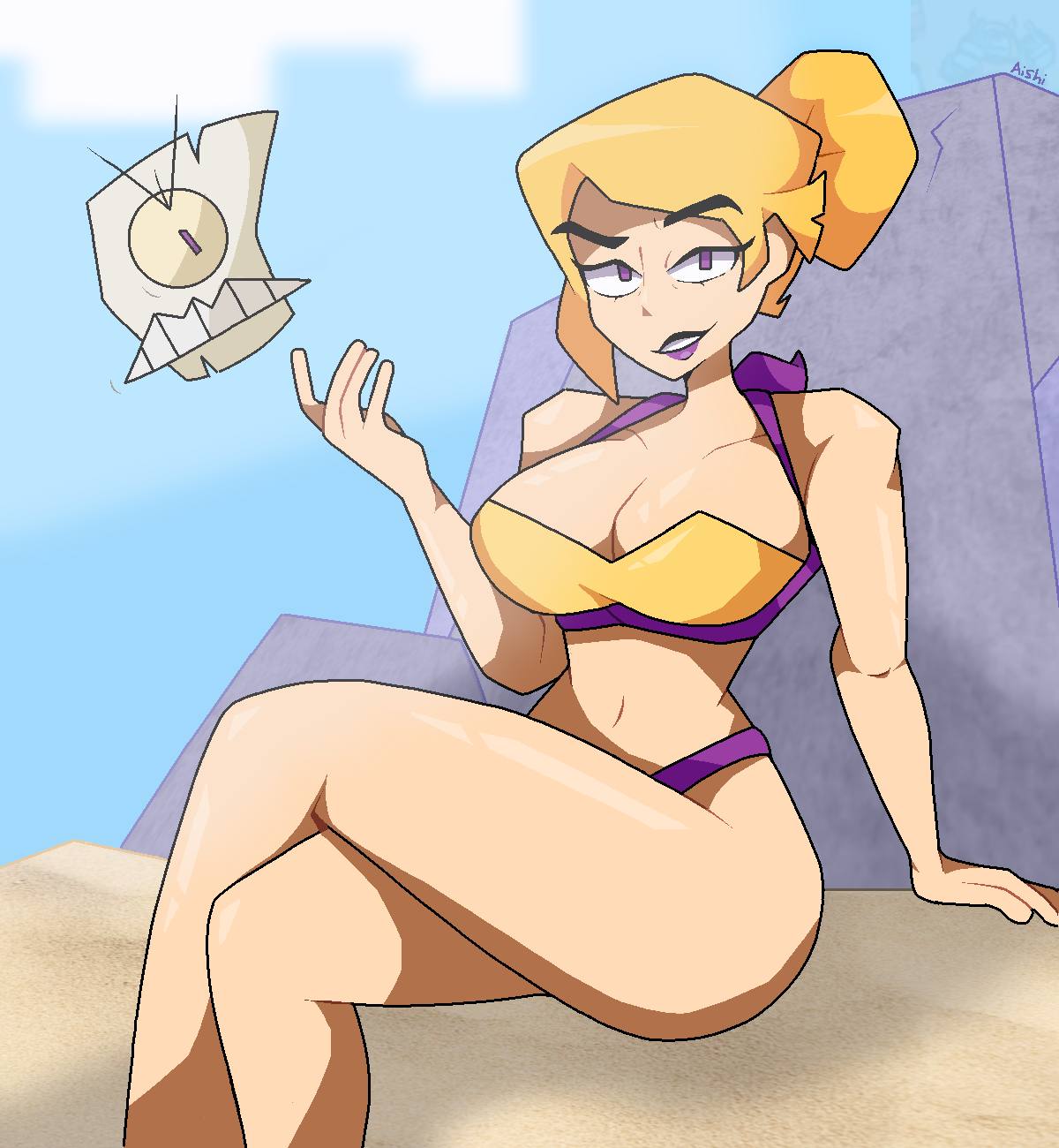 aishlol, big breasts, bikini, blonde female, blonde hair, fold (gameoverse), gameoverse, glitch productions, miss information (gameoverse)