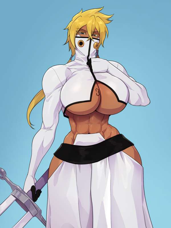 1girls, abs, alternate breast size, bleach, bleach: the thousand-year blood war, blonde hair, breasts, brown skin, dark skin, dark-skinned female, erect nipples, female, filled condom, hi res, hips, huge breasts, long hair, muscles, navel piercing, nipples, pubic hair, rampage0118, shounen jump, thick thighs, thighs, tia harribel, unzipping, unzipping jacket, venus body, voluptuous, wide hips