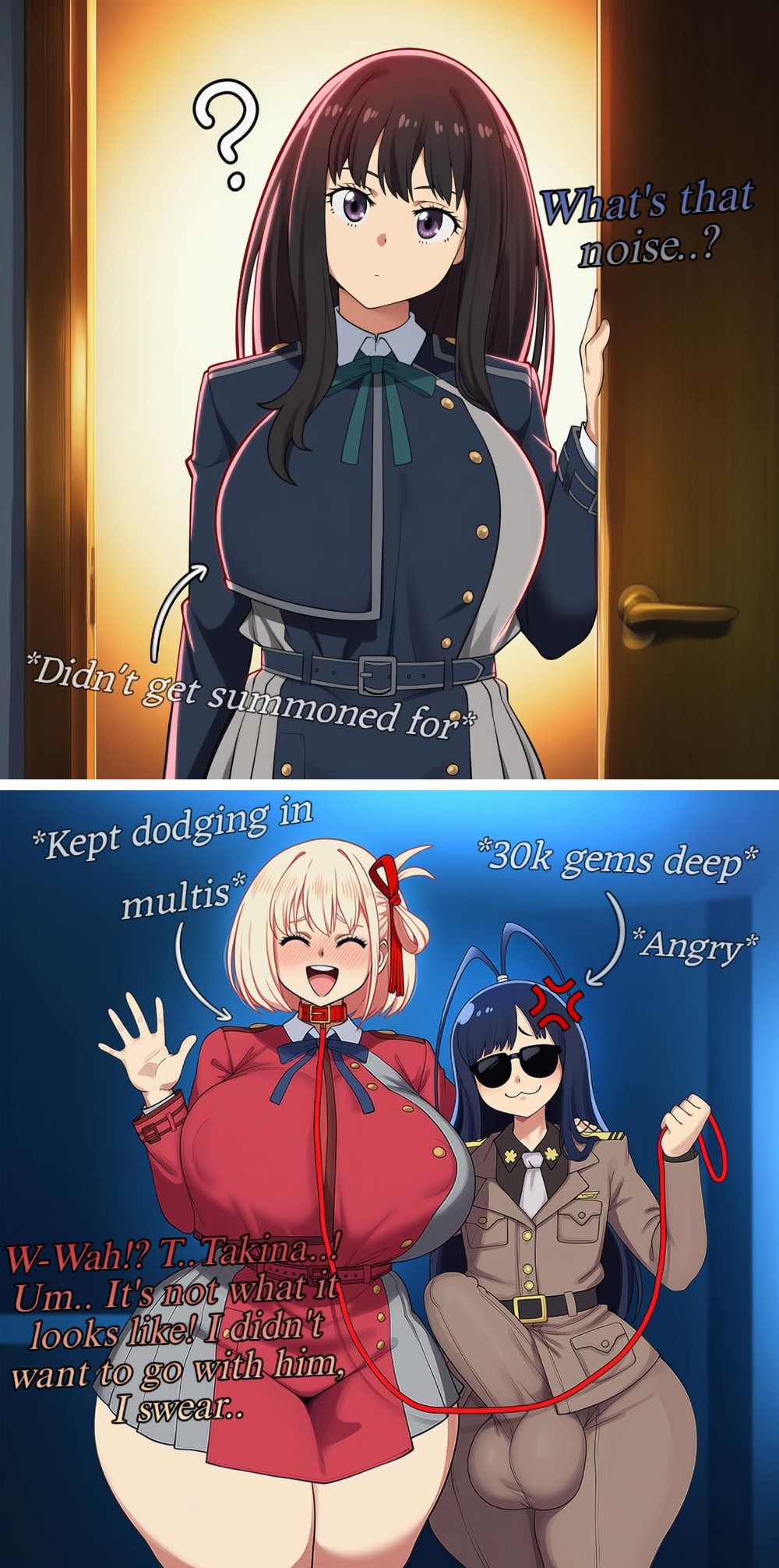 ?, 1futa, 2d, 2girls, 2koma, 3girls, ai generated, anger vein, angry, ass, balls, belt, big ass, big balls, big breasts, big butt, big cock, big penis, big testicles, big thighs, black hair, bleach, blonde hair, blue dress, blue hair, blue ribbon, blush, bob cut, breasts, bulge, bulge under clothes, cheating, closed eyes, closed mouth, cock, collar, collared shirt, cuckold, cuckolding, cuckquean, door, dress, english, english text, erection, erection under clothes, female, futa with female, futa/female, futanari, gigigens, giselle gewelle, green ribbons, grey dress, hair ribbon, holding, holding leash, huge ass, huge balls, huge breasts, huge butt, huge cock, huge testicles, inoue takina, large ass, large balls, large breasts, large butt, large cock, large penis, large testicles, large thighs, leash, long hair, long sleeves, lycoris recoil, lycoris uniform, massive balls, massive breasts, massive cock, massive penis, massive testicles, multiple girls, neck ribbon, necktie, netorare, nishikigi chisato, ntr, open mouth, penis, penis bulge, pleated dress, purple eyes, red belt, red dress, red ribbon, ribbon, shirt, short hair, smile, sunglasses, teeth, testicles, text, thick ass, thick butt, thick cock, thick penis, thick thighs, thighs, tinted eyewear, two-tone dress, uniform, upper teeth only, waving, white shirt