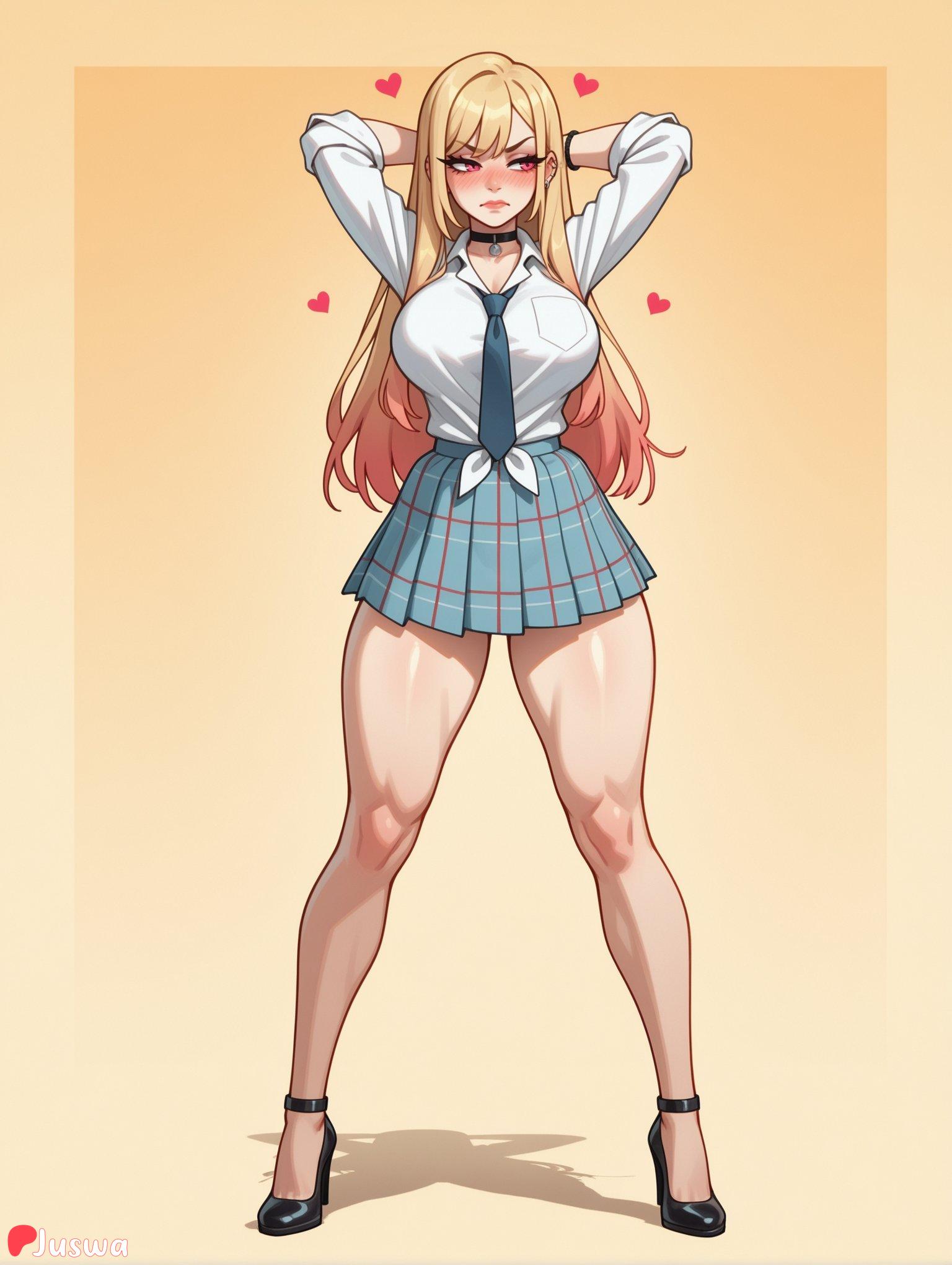 1girl, ai generated, arms behind head, arms up, bangs, black choker, black footwear, blonde hair, blue skirt, blush, boobs, breasts, choker, cute, full body, heart, high heels, huge ass, huge breasts, juswa, kitagawa marin, large ass, large breasts, legs, long hair, looking at viewer, multicolored hair, necktie, patreon username, piercing, plaid, plaid skirt, pleated skirt, red eyes, school uniform, shirt, skirt, solo, standing, thicc, thick thighs, thighs, tied shirt, white shirt