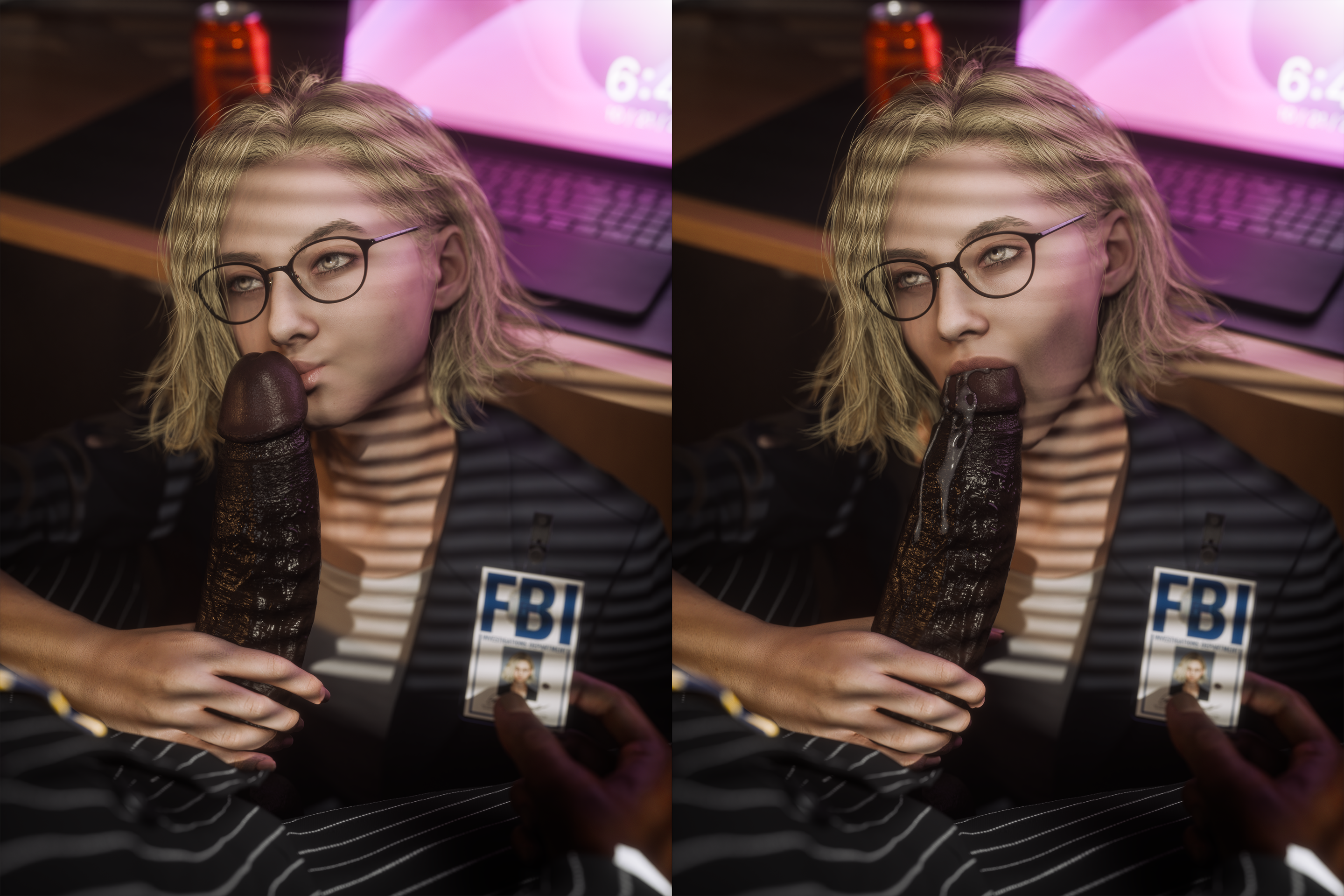 1boy, 1girls, 3d, big penis, blonde female, blonde hair, blowjob, blowjob face, clothing, computer, currysfm, dark skin, dark-skinned male, electronics, eyewear, fbi, fbi agent, fbi badge, fellatio, female, glasses, grace ashcroft, grace ashcroft (fbi outfit), grace ashcroft (julia pratt), handjob, huge cock, human, id card, indoors, interracial, kissing, kissing penis, laptop, large penis, light skin, light-skinned female, nathan dempsy, office, office clothing, office lady, oral, oral sex, pale skin, resident evil, resident evil 9: requiem, stroking penis, sucking, sucking penis, suit