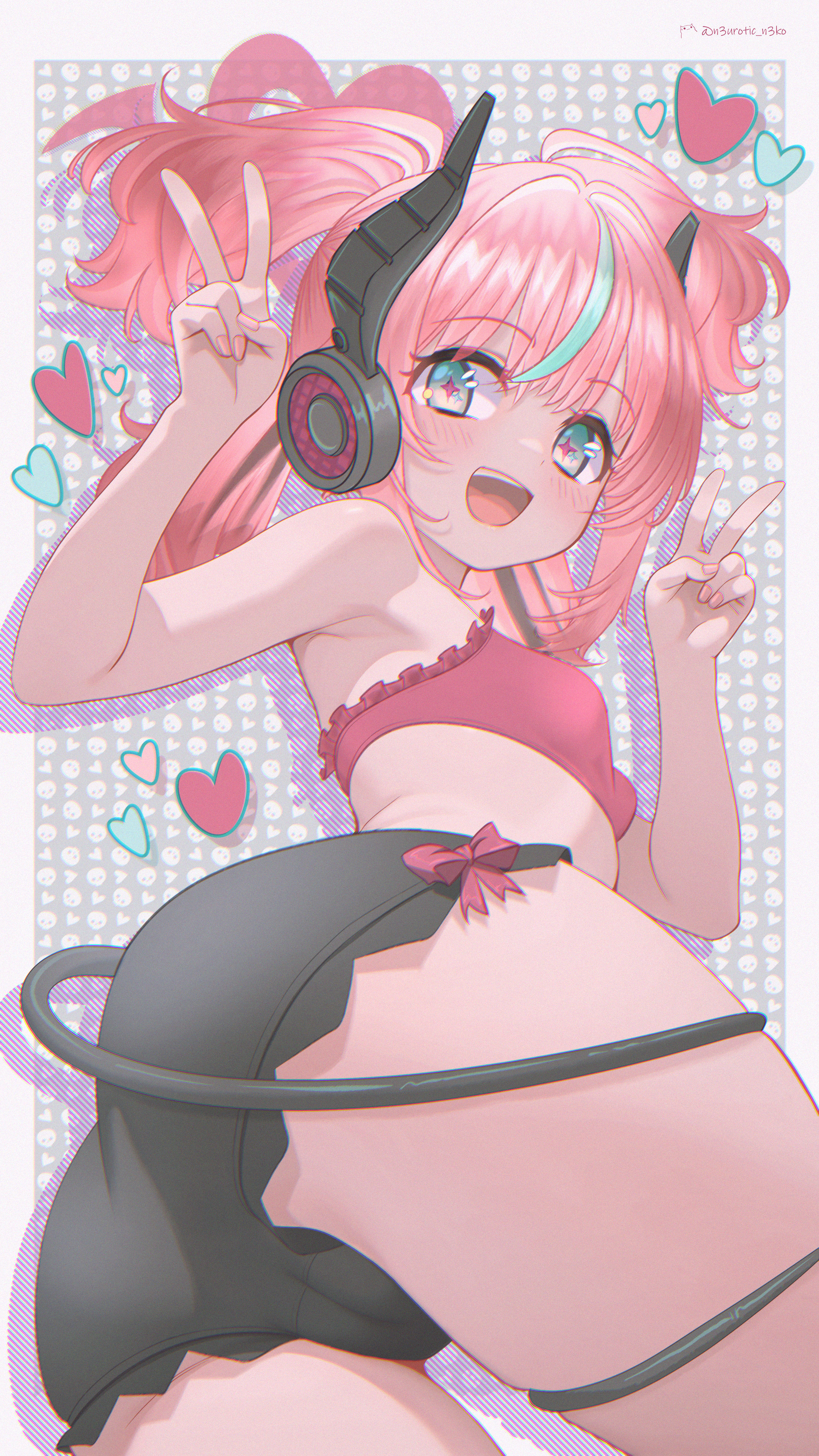 1girl, 1girls, absurd res, alternate version available, angels of delusion, aria (zenless zone zero), aria (zenless zone zero) (human form), ass, black shorts, blush, bra, breasts, double v, female, headphones, heart, highres, looking at viewer, multicolored hair, neurotic neko, open mouth, panties, pink hair, short shorts, shorts, smile, solo, streaked hair, tail, twintails, underwear, v, zenless zone zero