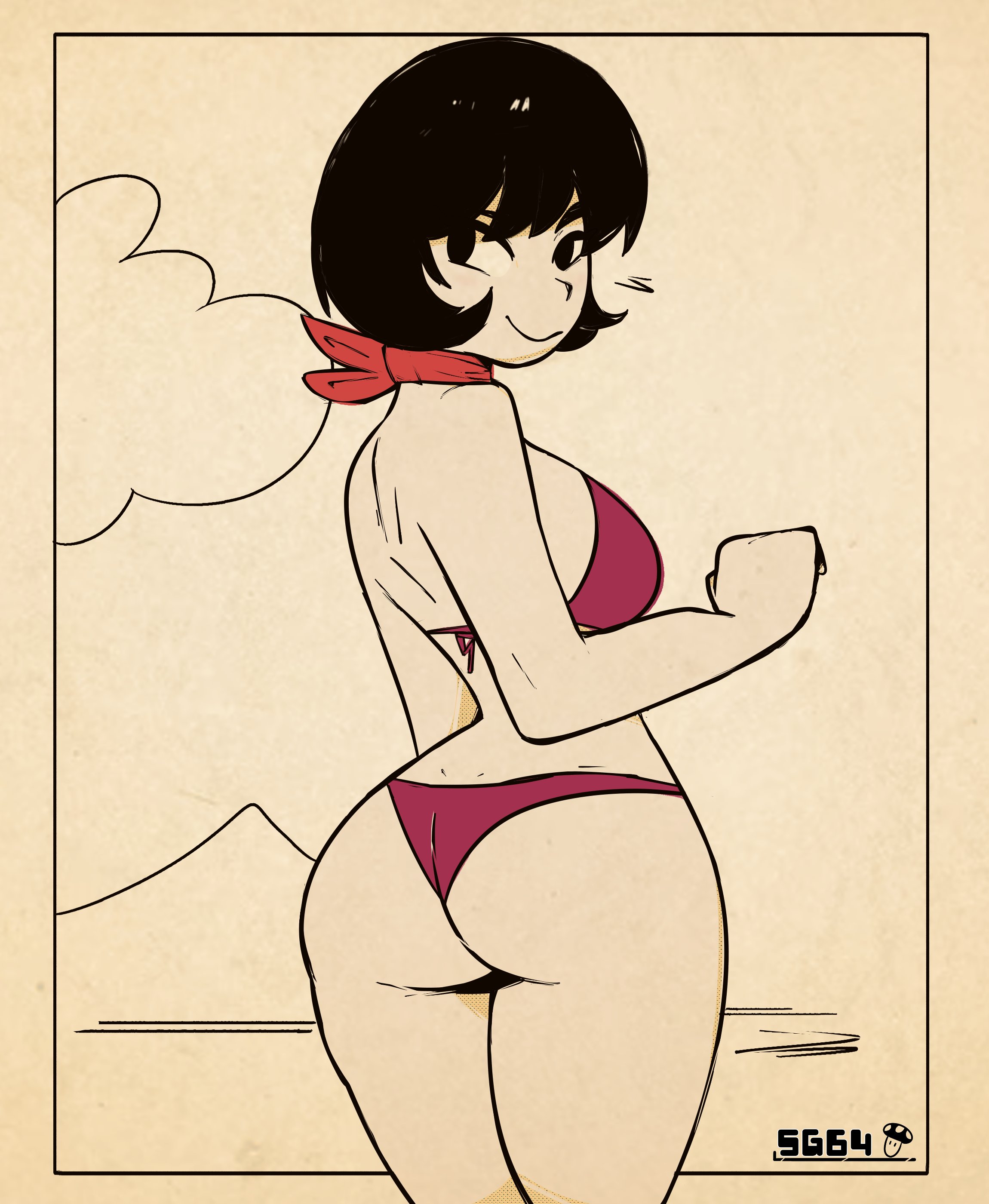 1girls, 2024, artist name, ass, bikini, black eyes, black hair, border, breasts, commission, female, female only, human, jucika, jucika (comic), looking back, outdoors, outside, red bikini, red swimsuit, sg64, short hair, smile, solo, swimsuit, thighs