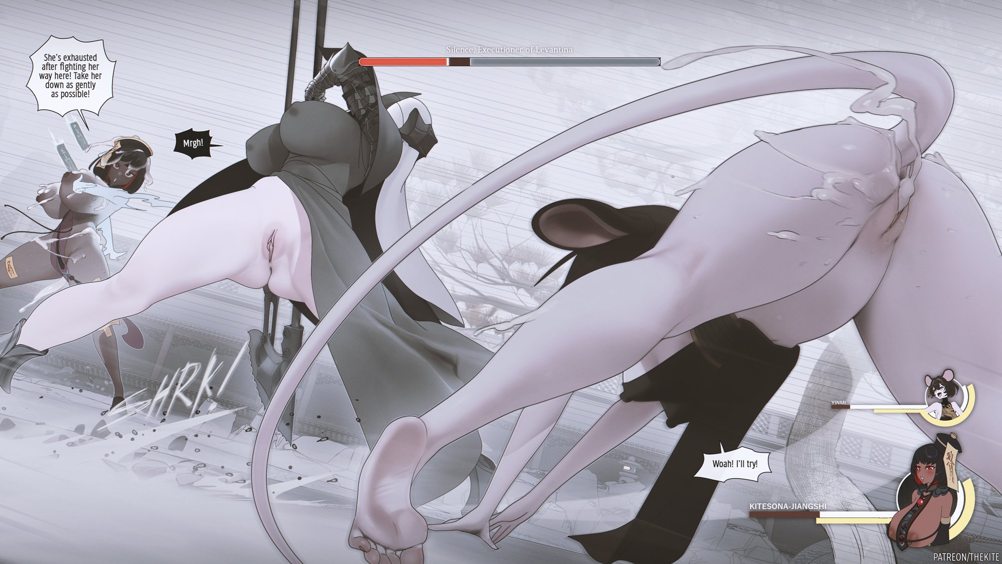 3girls, anus, areolae, ass, big breasts, breasts, chocolate and vanilla, cum, cum in pussy, cum inside, cum on ass, cum on body, cum overflow, dark skin, dark-skinned female, dialogue, english text, exposed pussy, feet, female, female only, fighting, gameplay mechanics, hi res, holding weapon, humanoid, humanoid female, jiangshi, kitesona (thekite), light skin, light-skinned female, mouse ears, mouse girl, mouse tail, nipple outline, nipples, no panties, ofuda, original, pussy, qing guanmao, red eyes, short hair, soles, speech bubble, tail, the lunar towers, thekite, thick thighs, voluptuous, voluptuous female, yinmi (thekite)