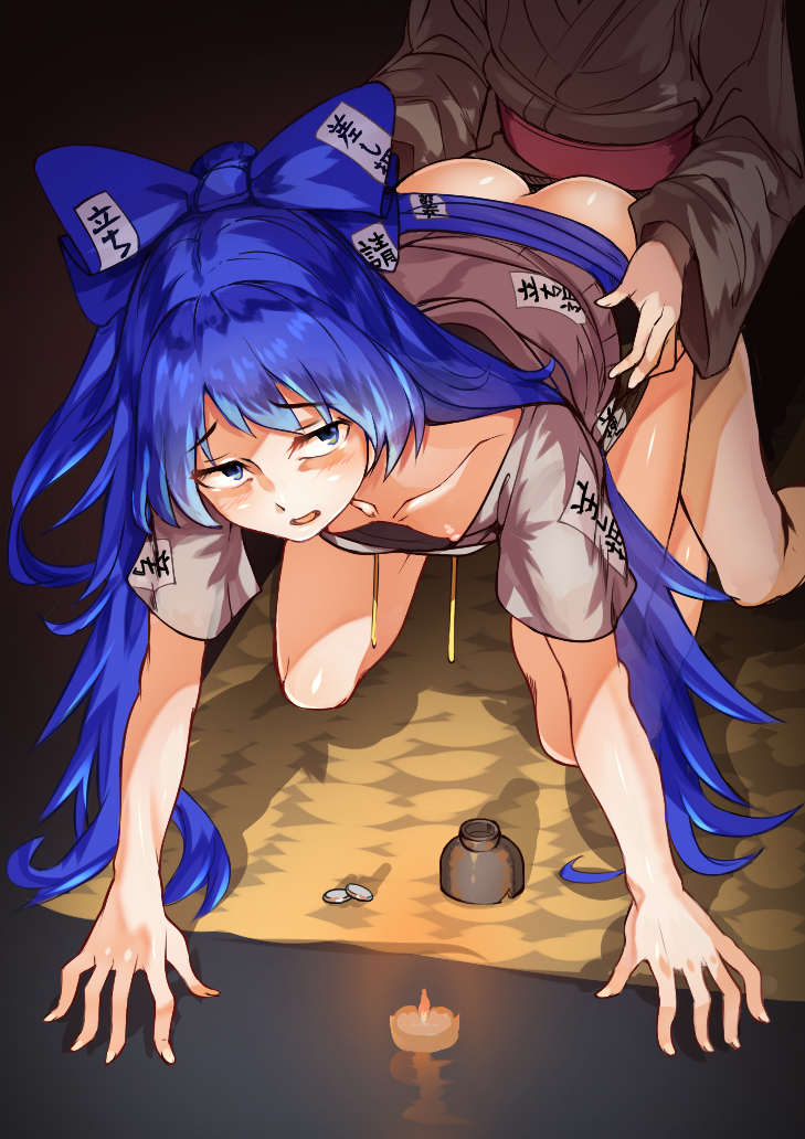 1boy all_fours ass ayakumo bare_legs blue_bow blue_eyes blue_hair blue_skirt bow bowl breasts burning_candle candle coin doggy_style down_blouse drawstring female fire hairbow hood hoodie long_hair looking_at_viewer miniskirt nipples no_bra no_panties prostitution sex shion_yorigami skirt small_breasts solo_focus straight touhou