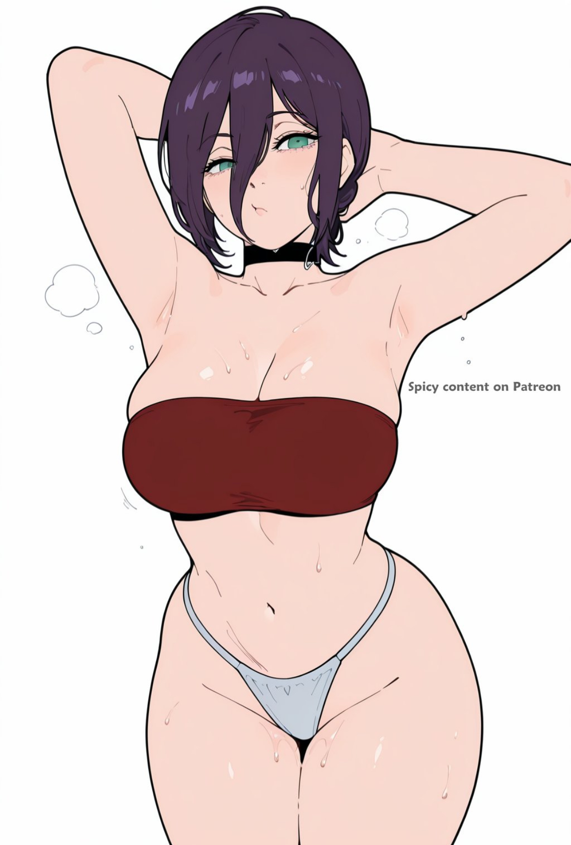 ai generated, armpits, big breasts, chainsaw man, curvy female, hands behind head, kawaii waifus, midriff, panties, purple hair, reze (chainsaw man), thick thighs, top, wide hips
