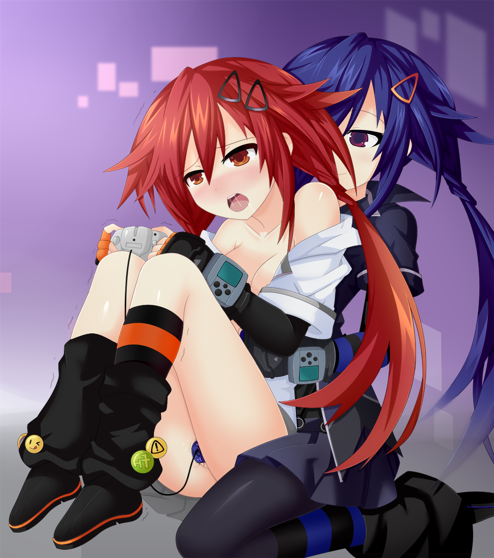 2girls black_legwear blue_hair blush braid breasts cleavage controller fingerless_gloves full_body gloves grey_skirt hair_ornament hairclip hug hug_from_behind kurome_ankokuboshi long_hair looking_at_another looking_back medium_breasts multiple_girls neptunia_(series) object_insertion off_shoulder open_clothes open_mouth open_shirt orange_eyes pantyhose purple_eyes pussy_juice red_hair santystuff shirt skirt smile tears trembling twin_braids twintails upper_teeth uzume_tennouboshi white_shirt yuri